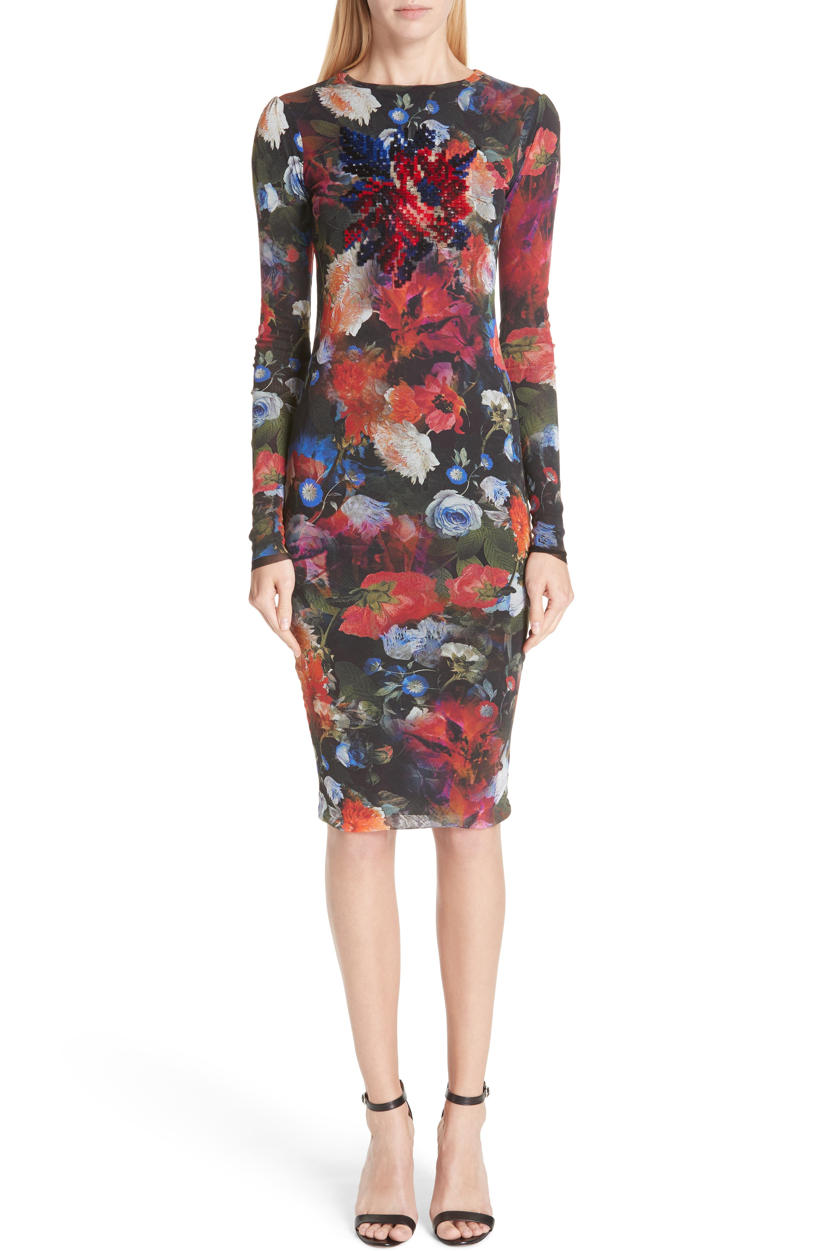 Fuzzi Embroidered Floral Print Tulle Dress, Red