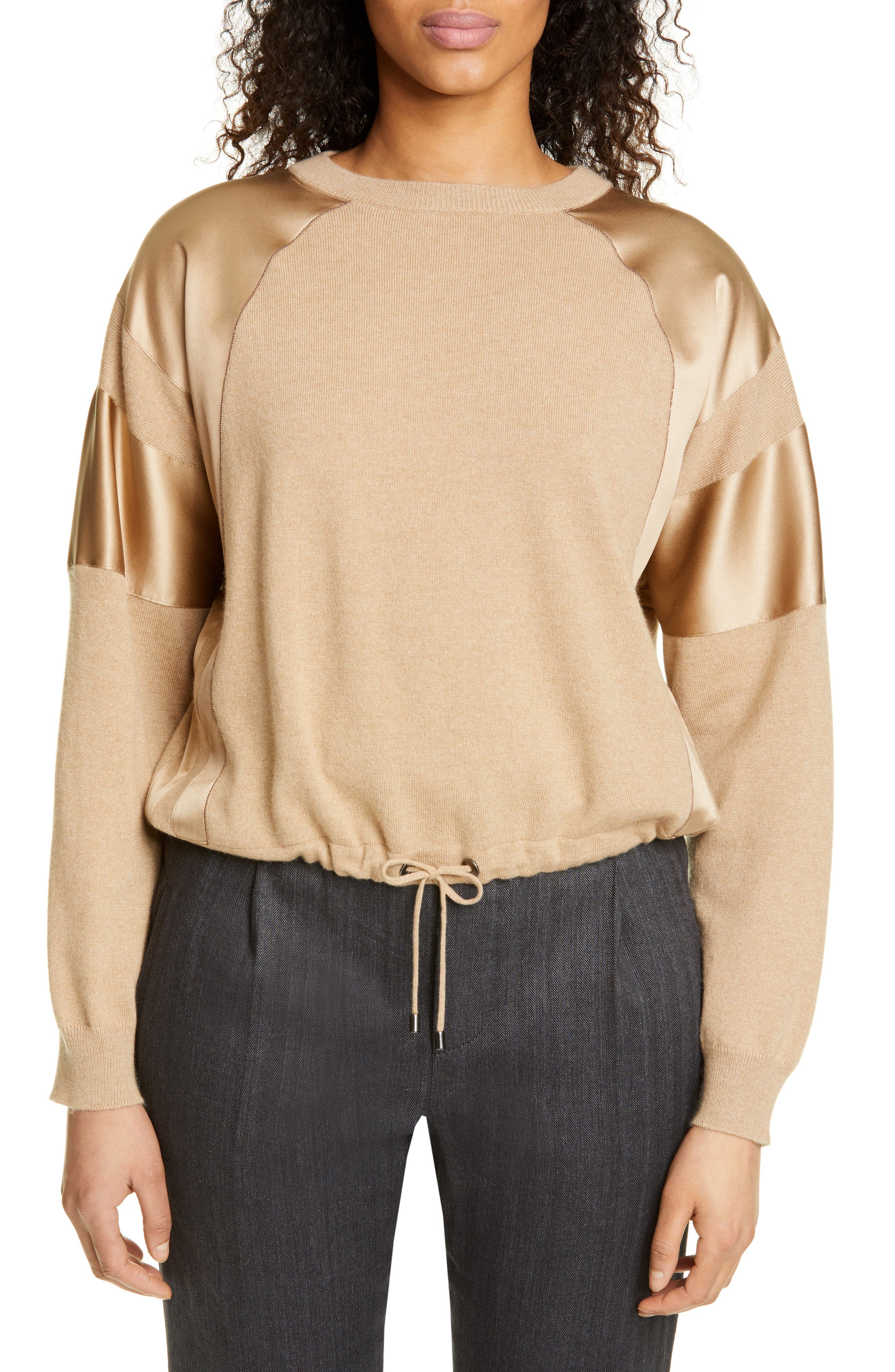 Brunello Cucinelli Satin Trim Cashmere Sweater, Brown