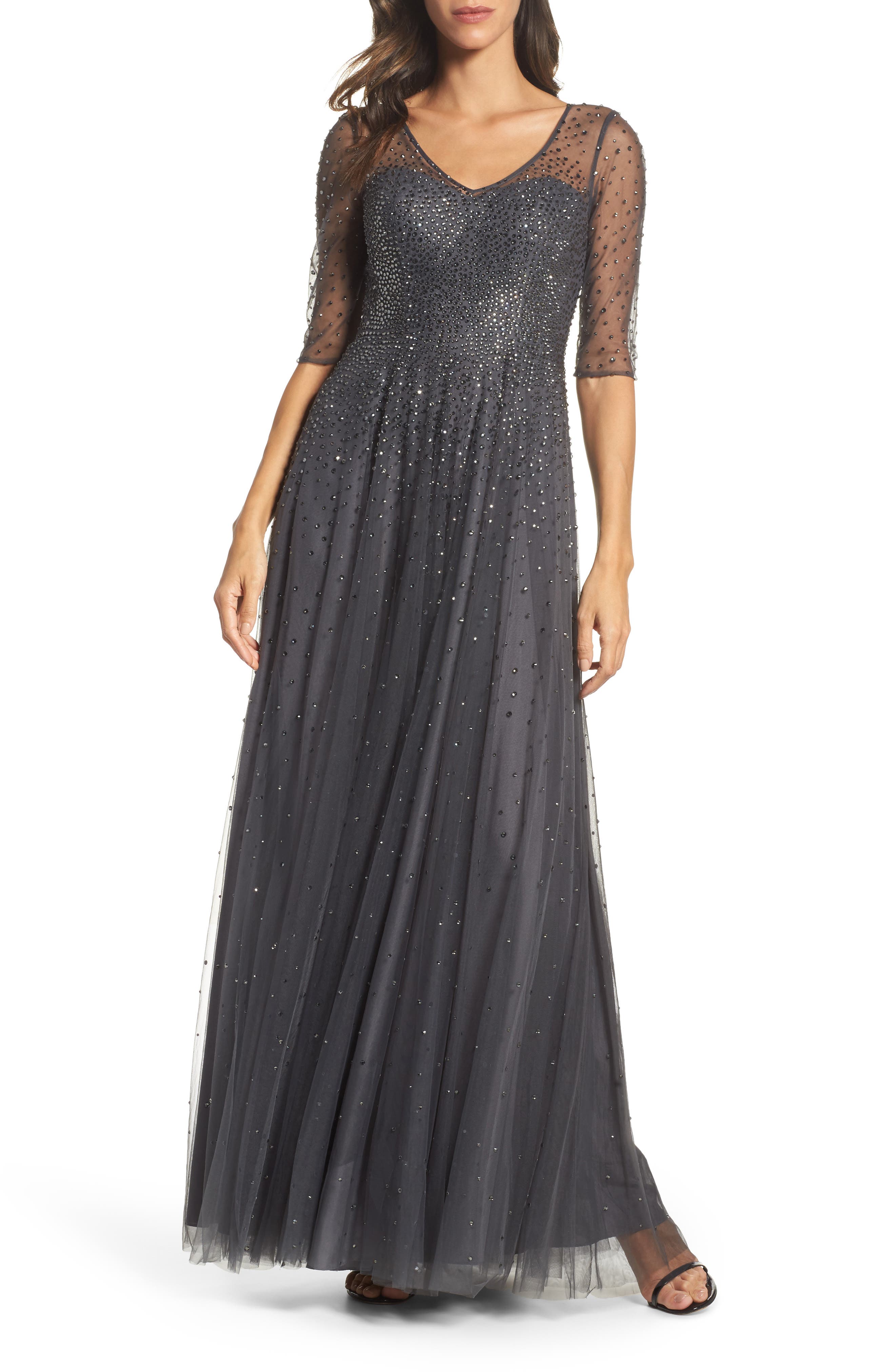 La Femme Waterfall Embellished Gown, Grey