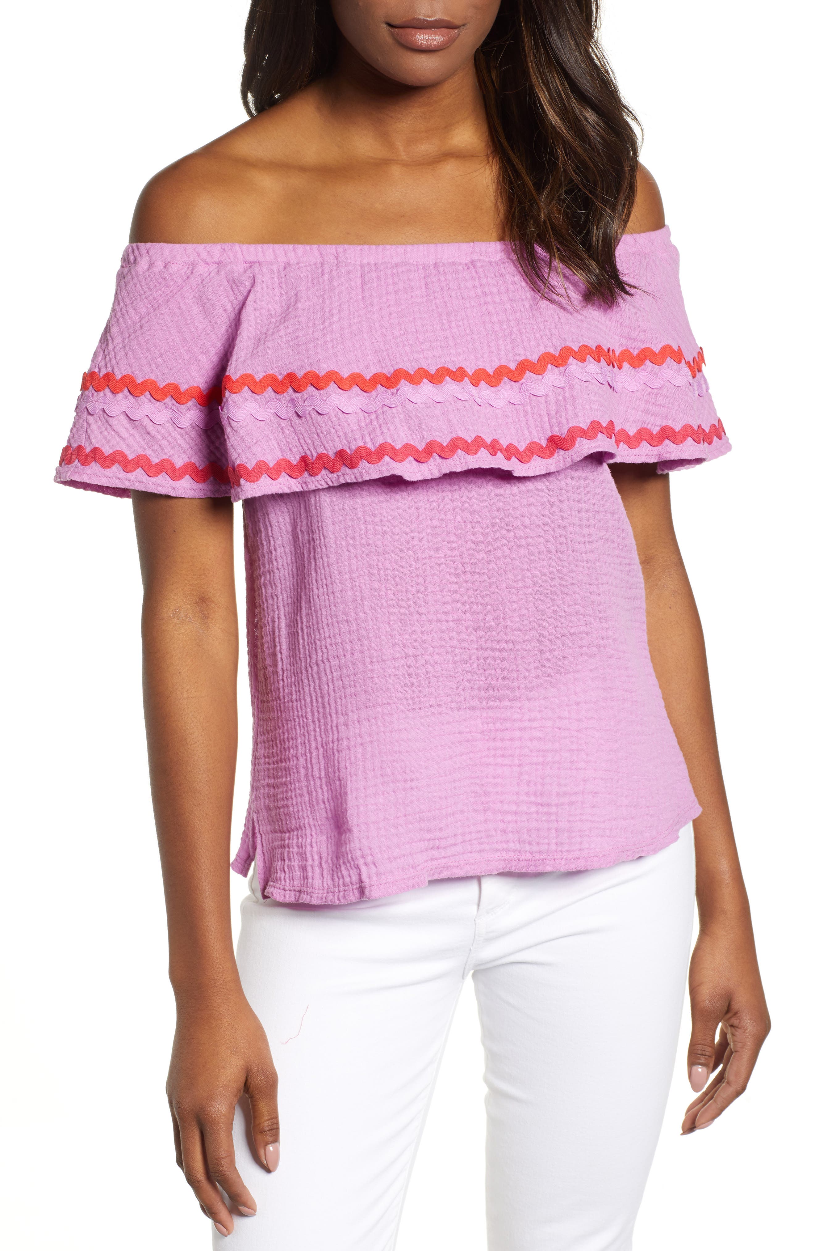 Petite Gibson X Hi Sugarplum! Santa Fe Rickrack Off The Shoulder Top, Pink