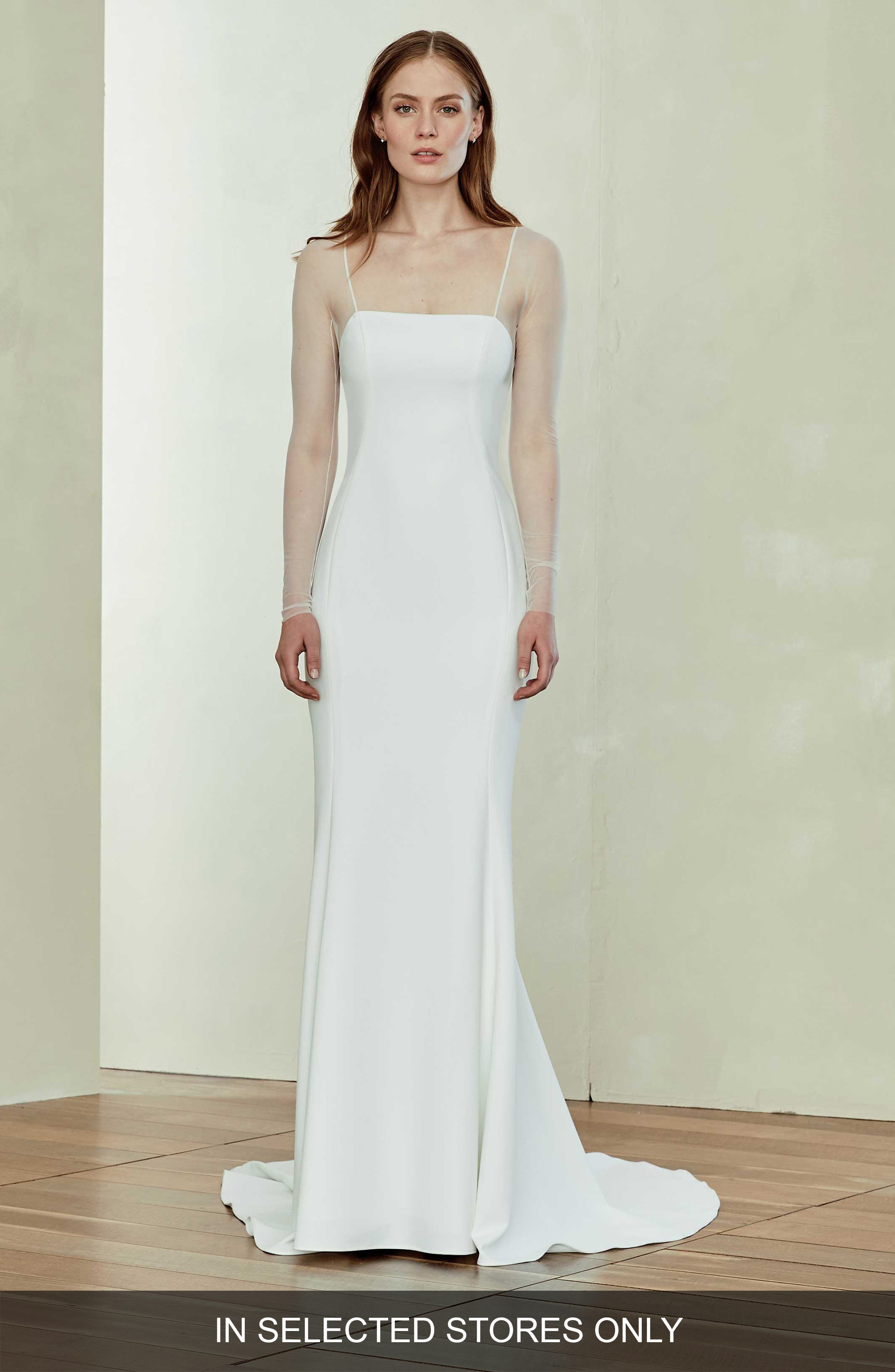 Amsale Illusion Sleeve Crepe Trumpet Gown, Size IN STORE ONLY - Ivory
