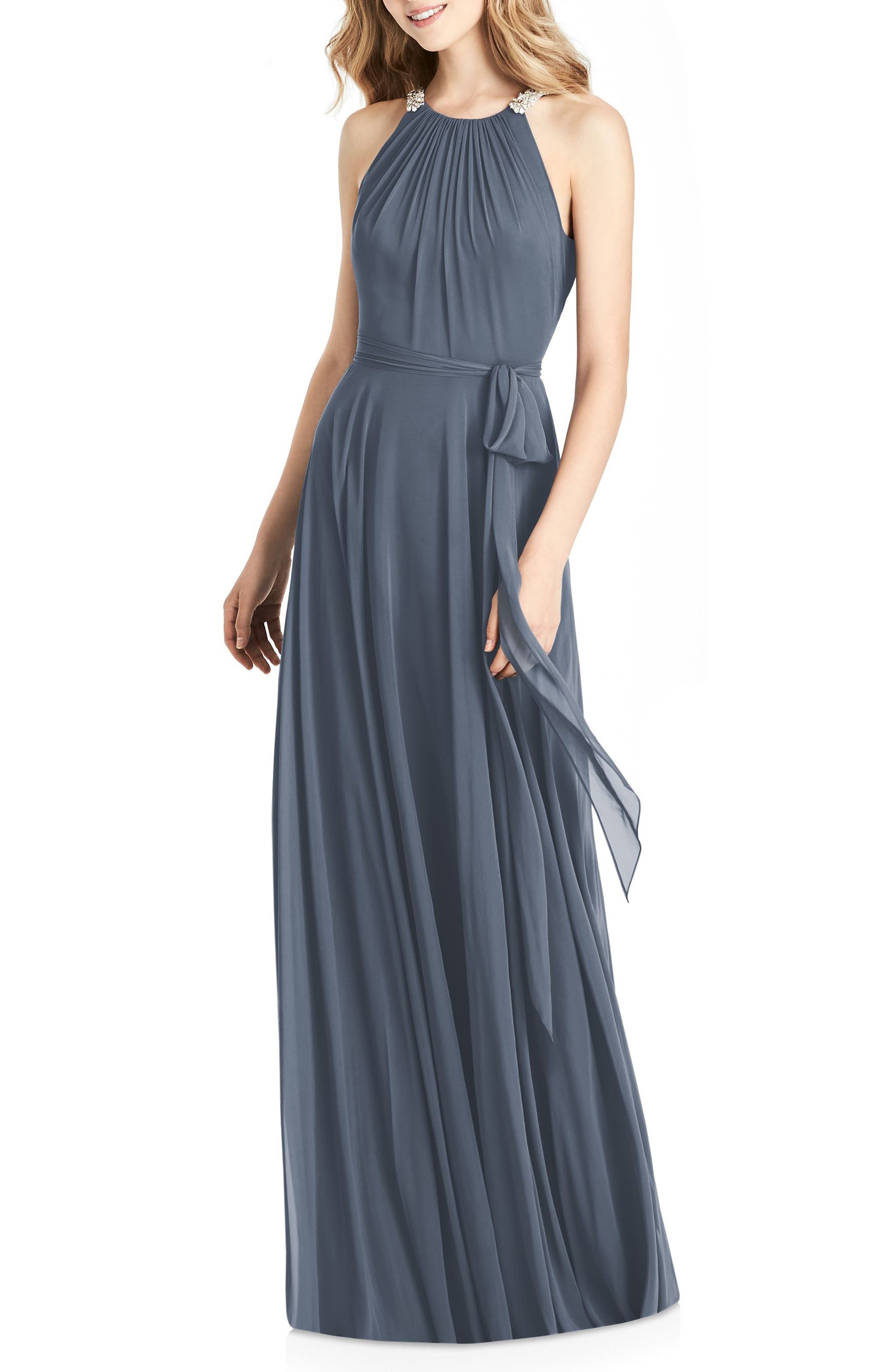 Jenny Packham Beaded Strap Chiffon Gown, Grey
