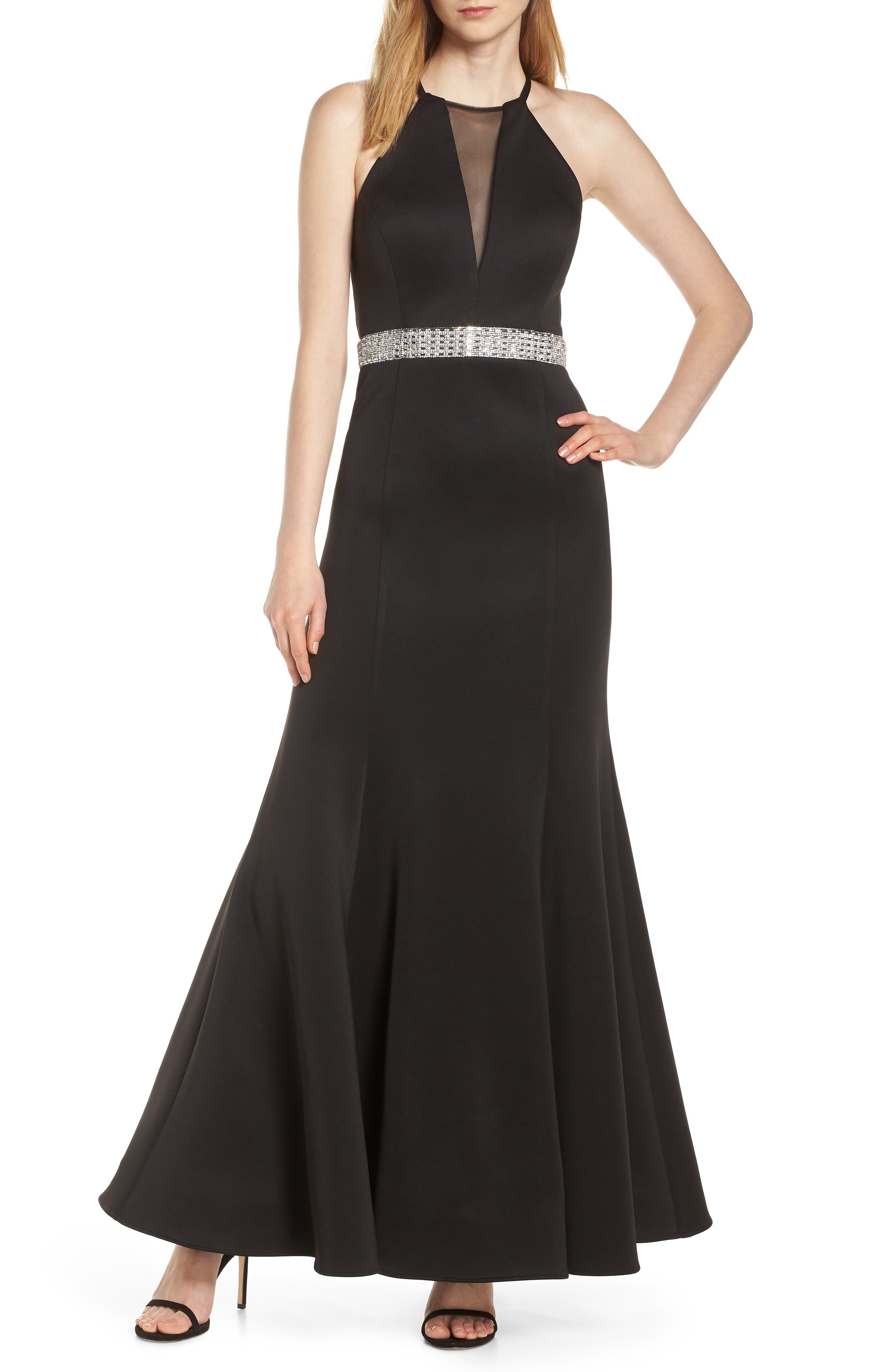 Morgan & Co. Jeweled Waist Scuba Crepe Evening Dress, Black