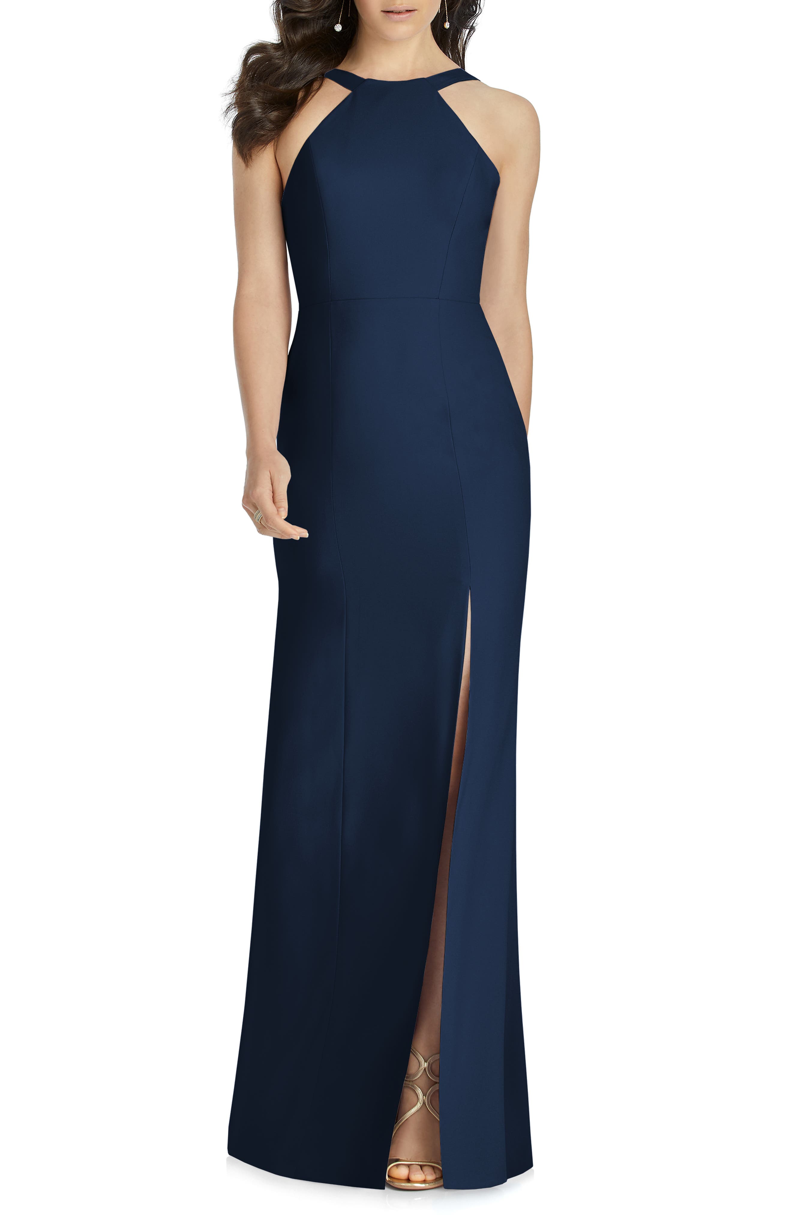 Dessy Collection Cutaway Shoulder Crepe Gown, Blue