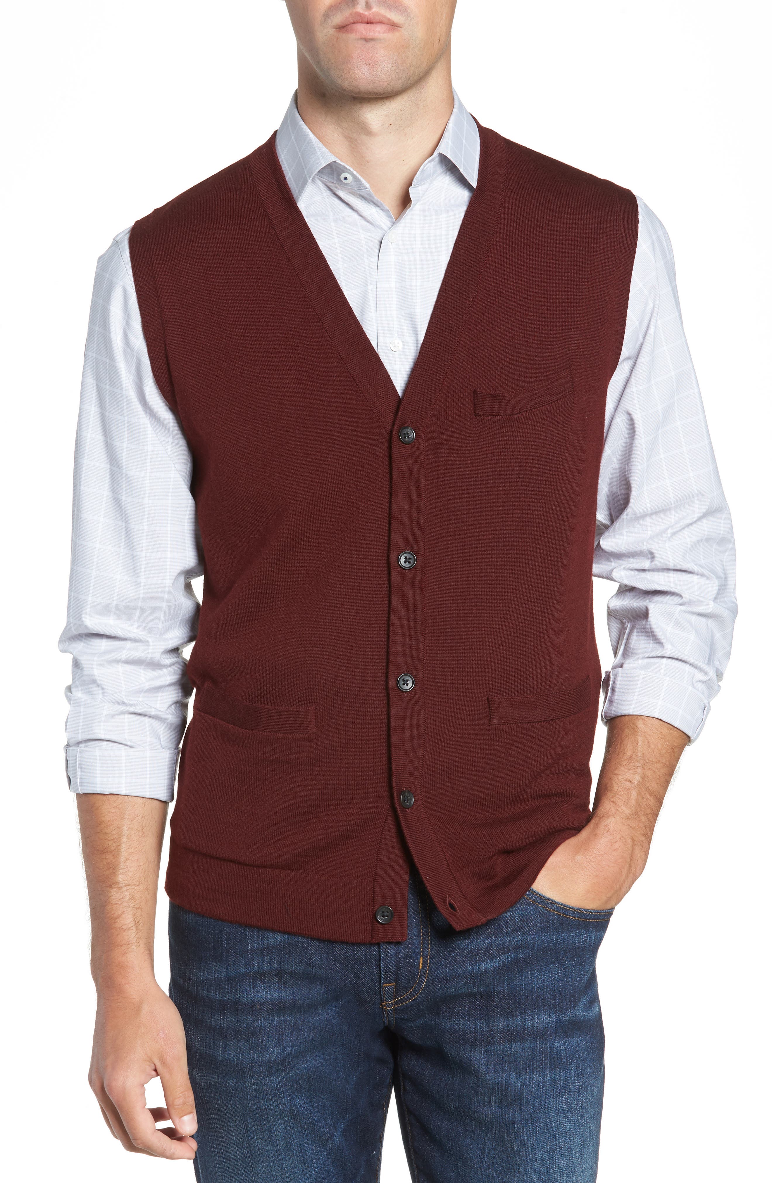 Nordstrom Shop Merino Button Front Sweater Vest, Burgundy
