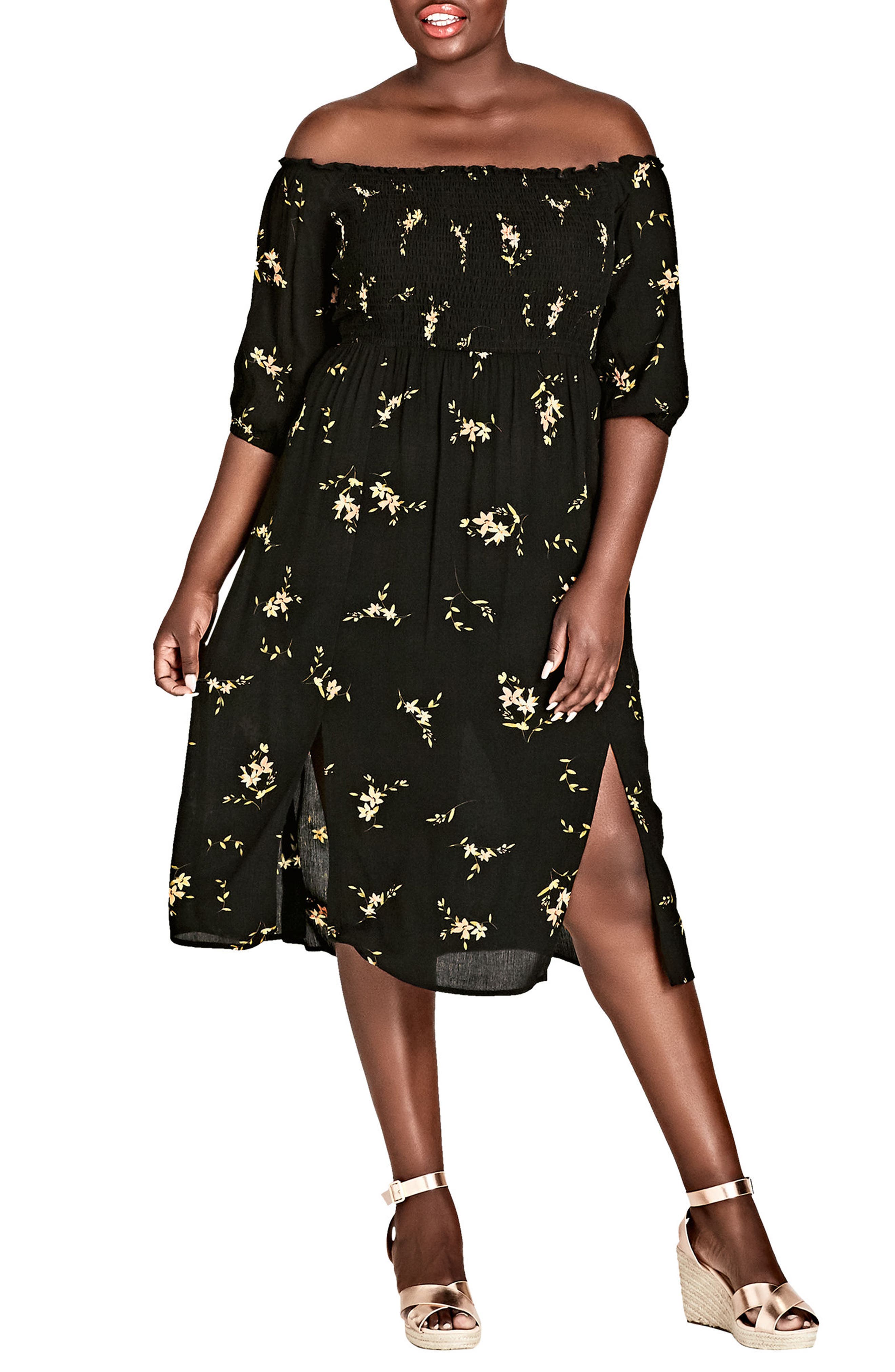 Plus Size City Chic Aerial Off The Shoulder Side Slit Midi Dress, Black
