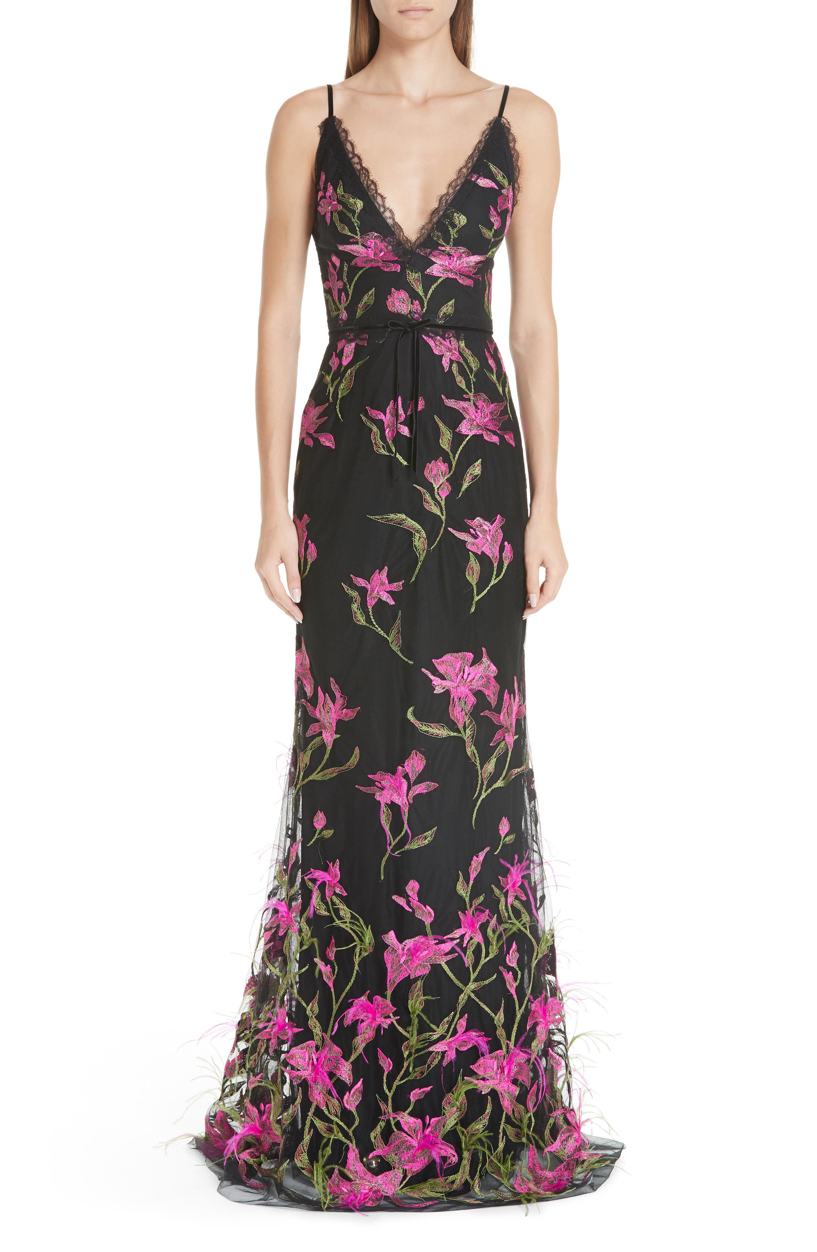 Marchesa Notte Embroidered Lace & Feather Trim Gown, Black