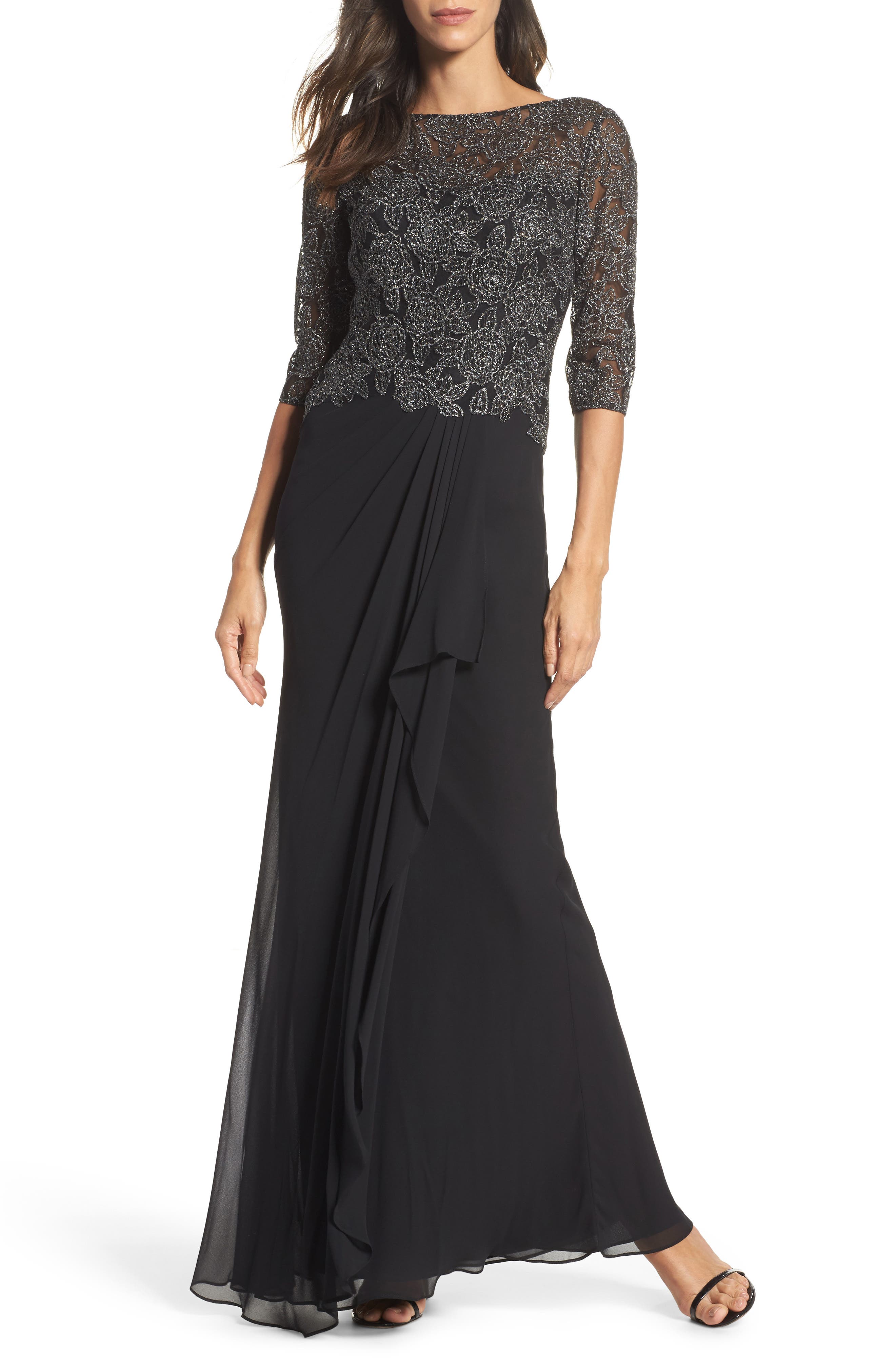 La Femme Metallic Embroidered A-Line Gown, Black