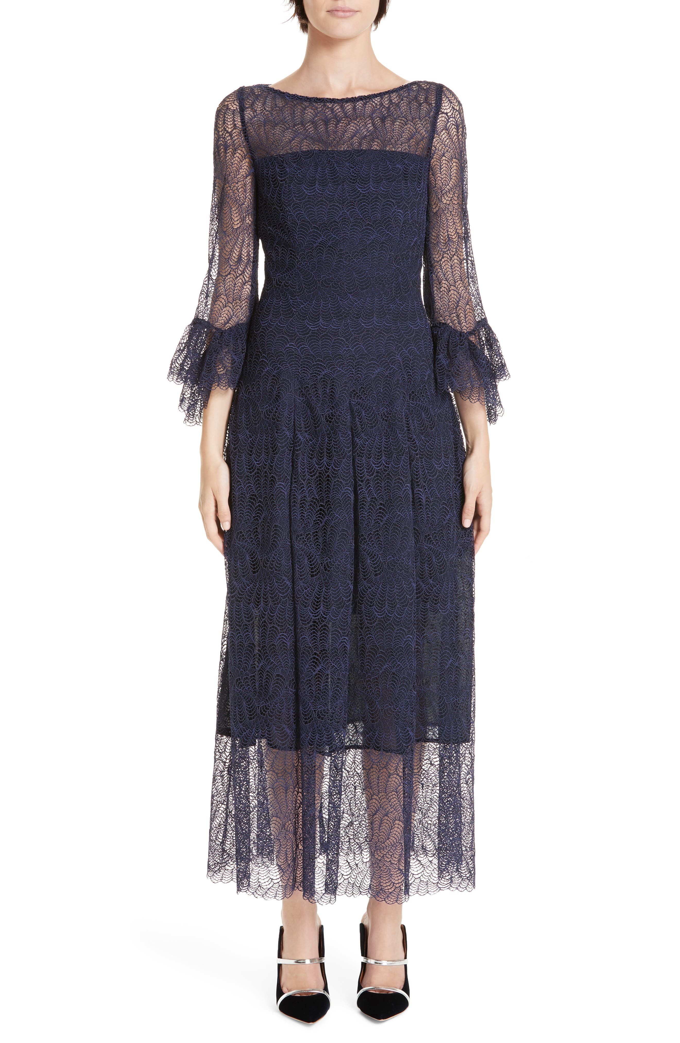 Talbot Runhof Allium Lace Bell Sleeve Tea Length Dress