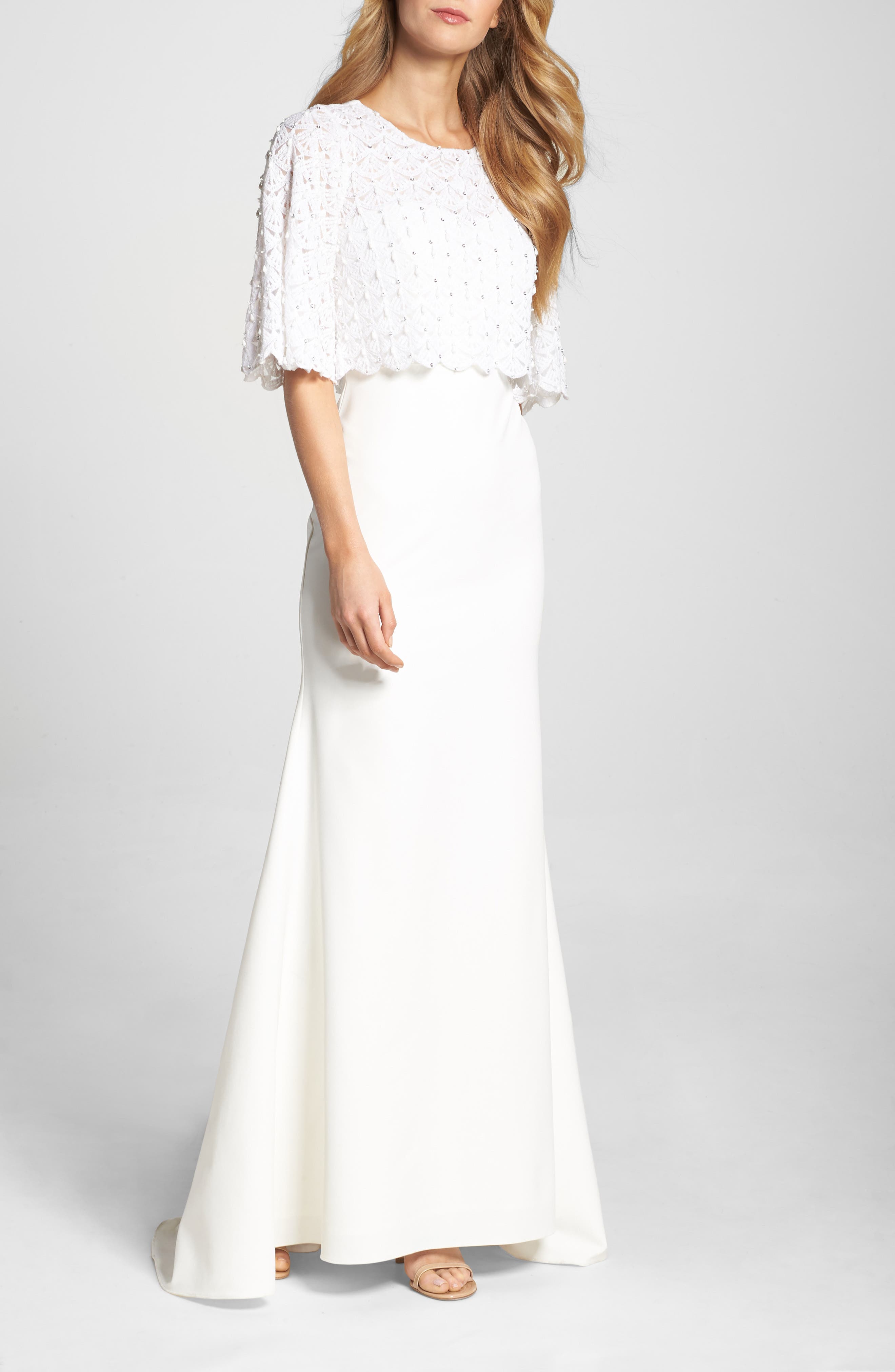 Lotus Threads Elbow Sleeve Lace Overlay Gown, Ivory