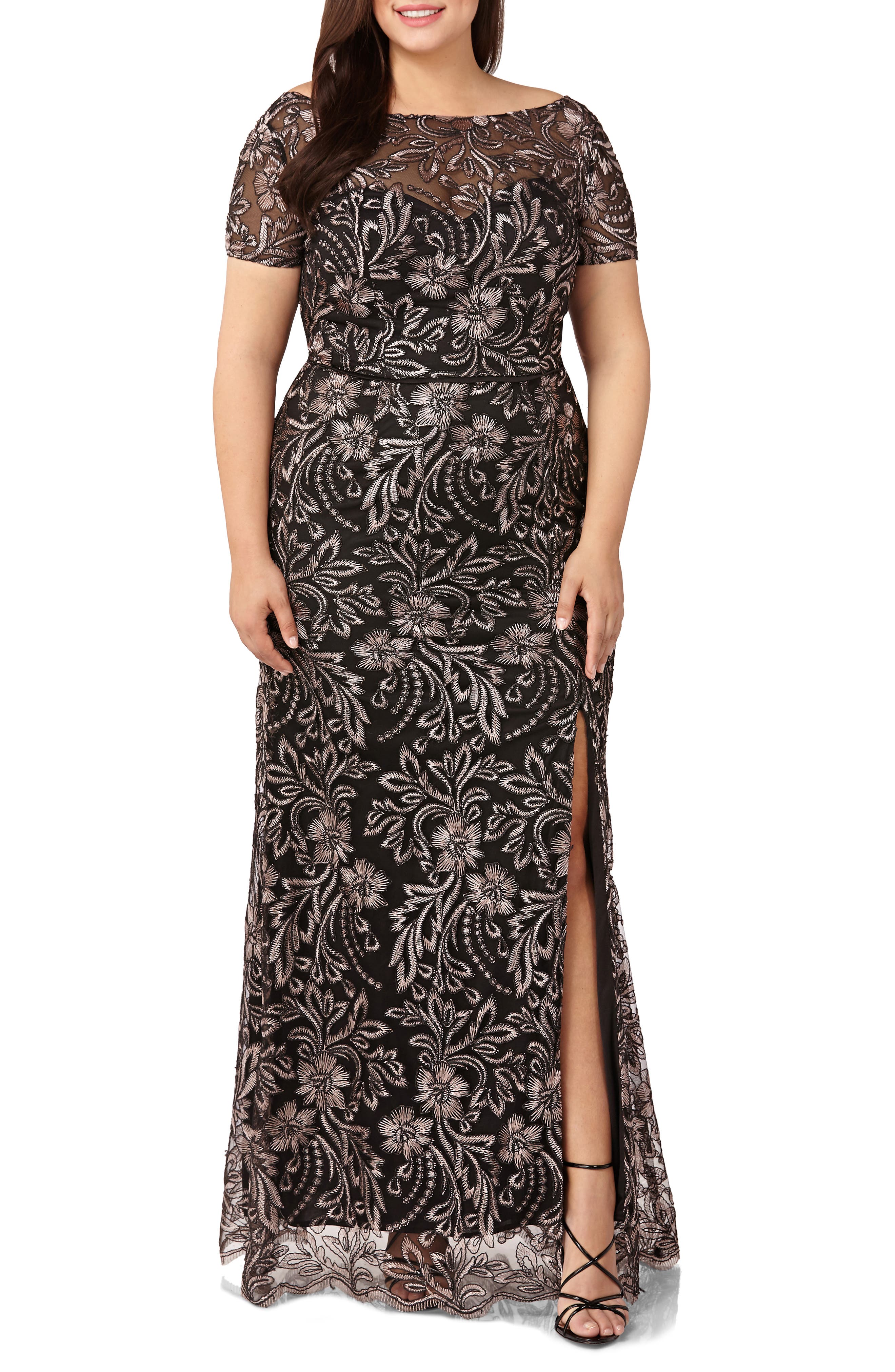 Plus Size Js Collections Embroidered Mesh Trumpet Gown, Black
