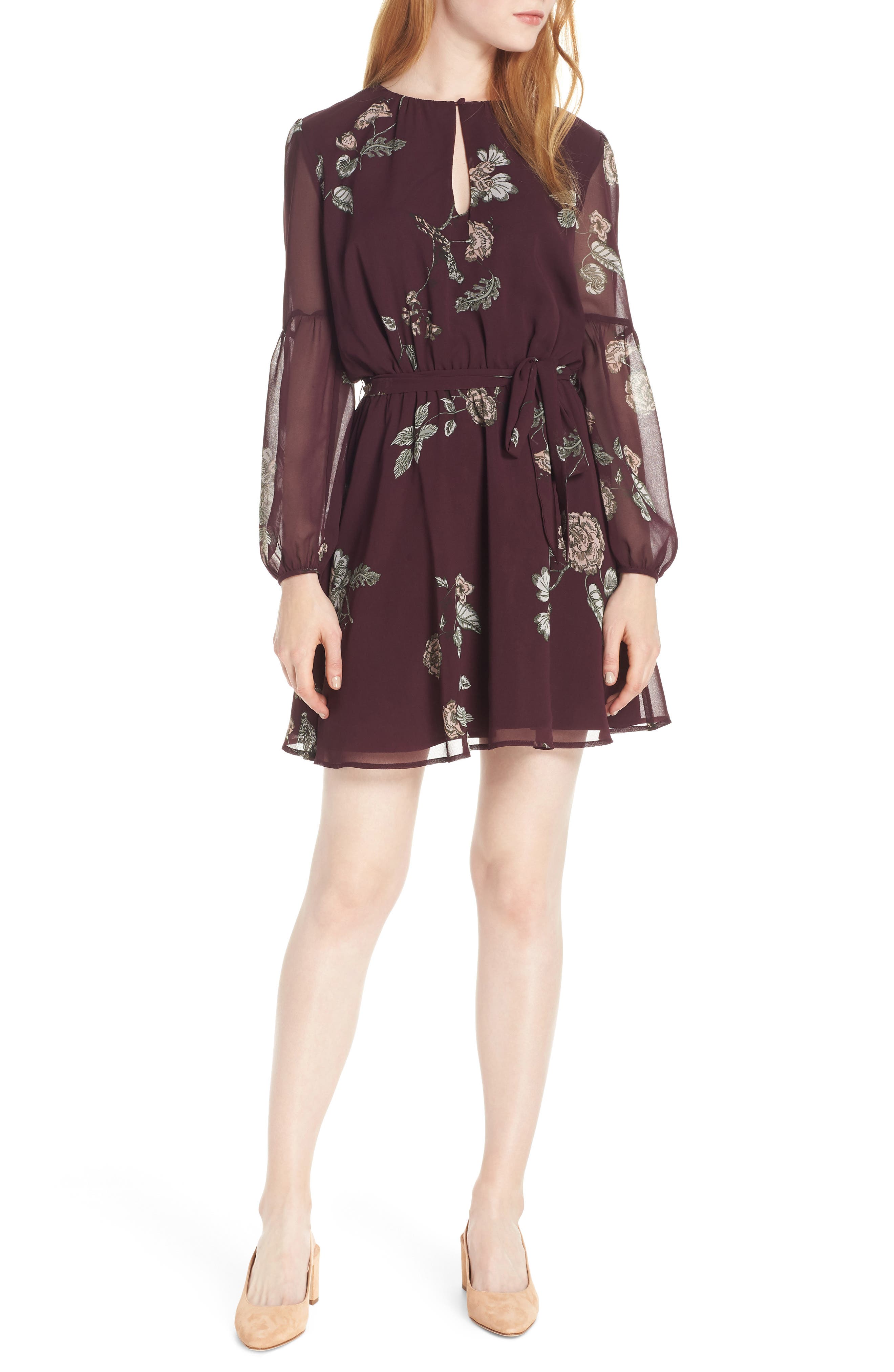 Bb Dakota Winter Rose Chiffon Dress, Burgundy