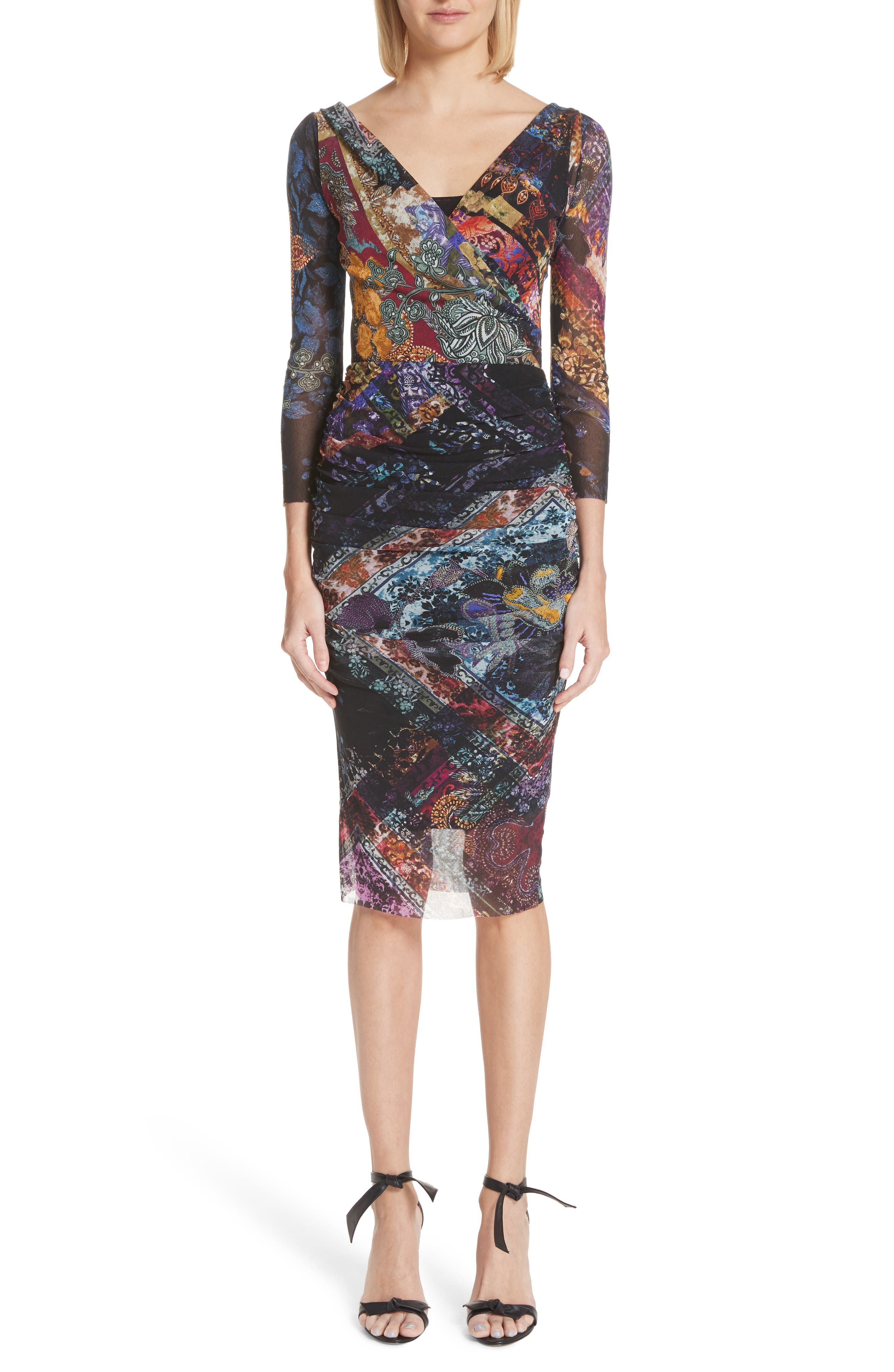 Fuzzi Golden Patchwork Tulle Surplice Body-Con Dress, Black