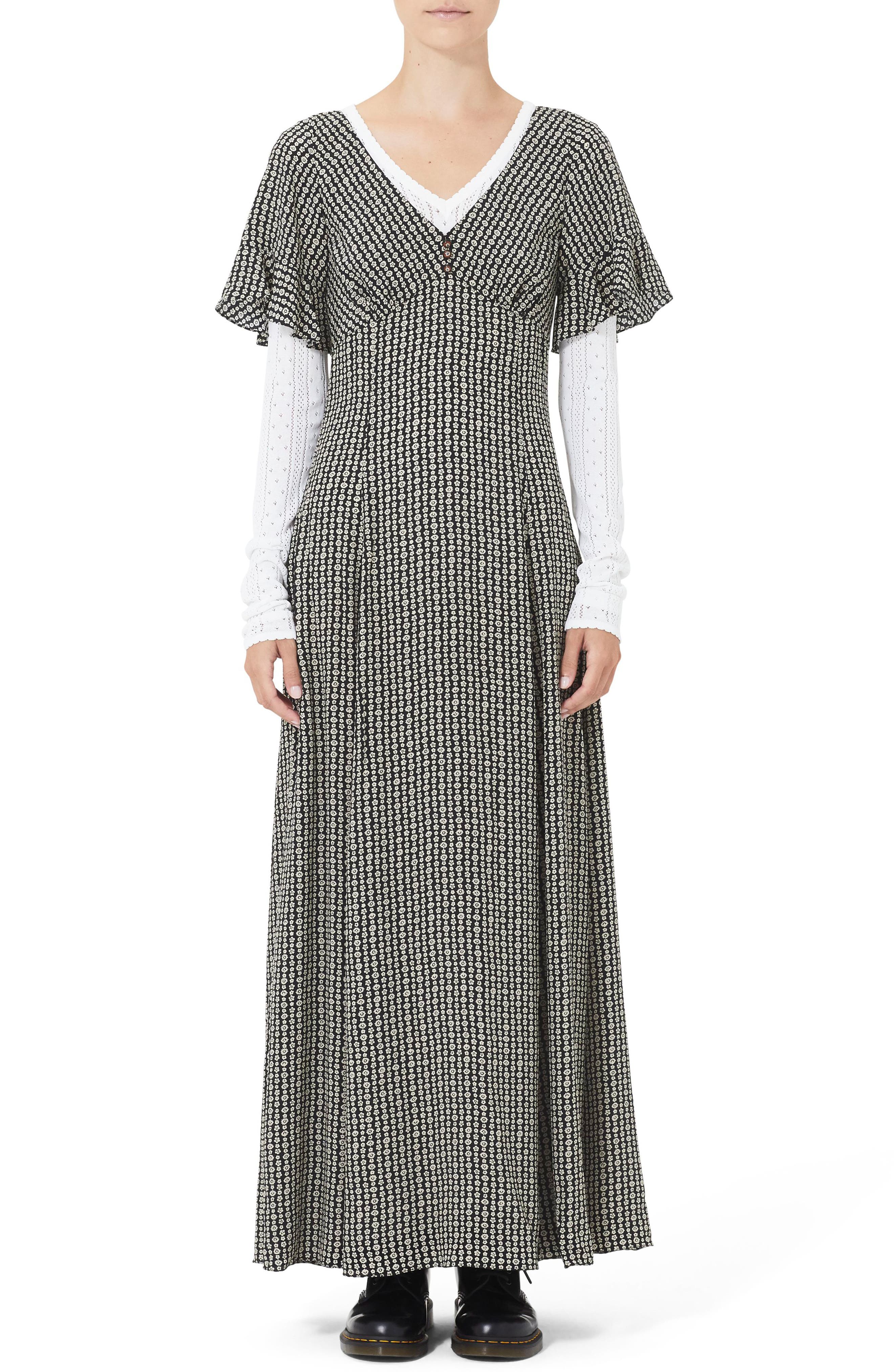 Marc Jacobs Ruffle Sleeve Floral Print Silk Maxi Dress, Black