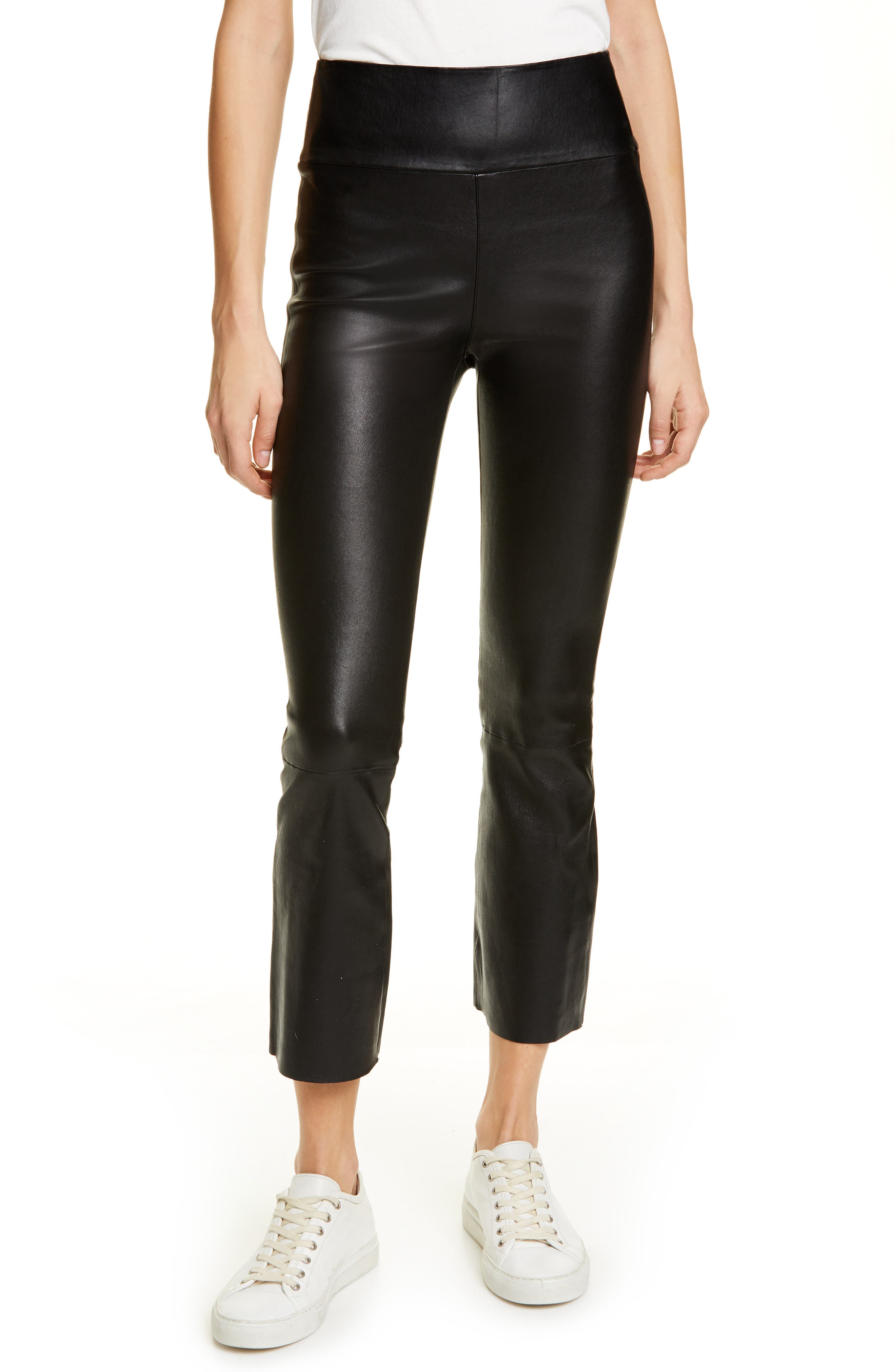 Sprwmn Crop Flare Leather Pants, Black