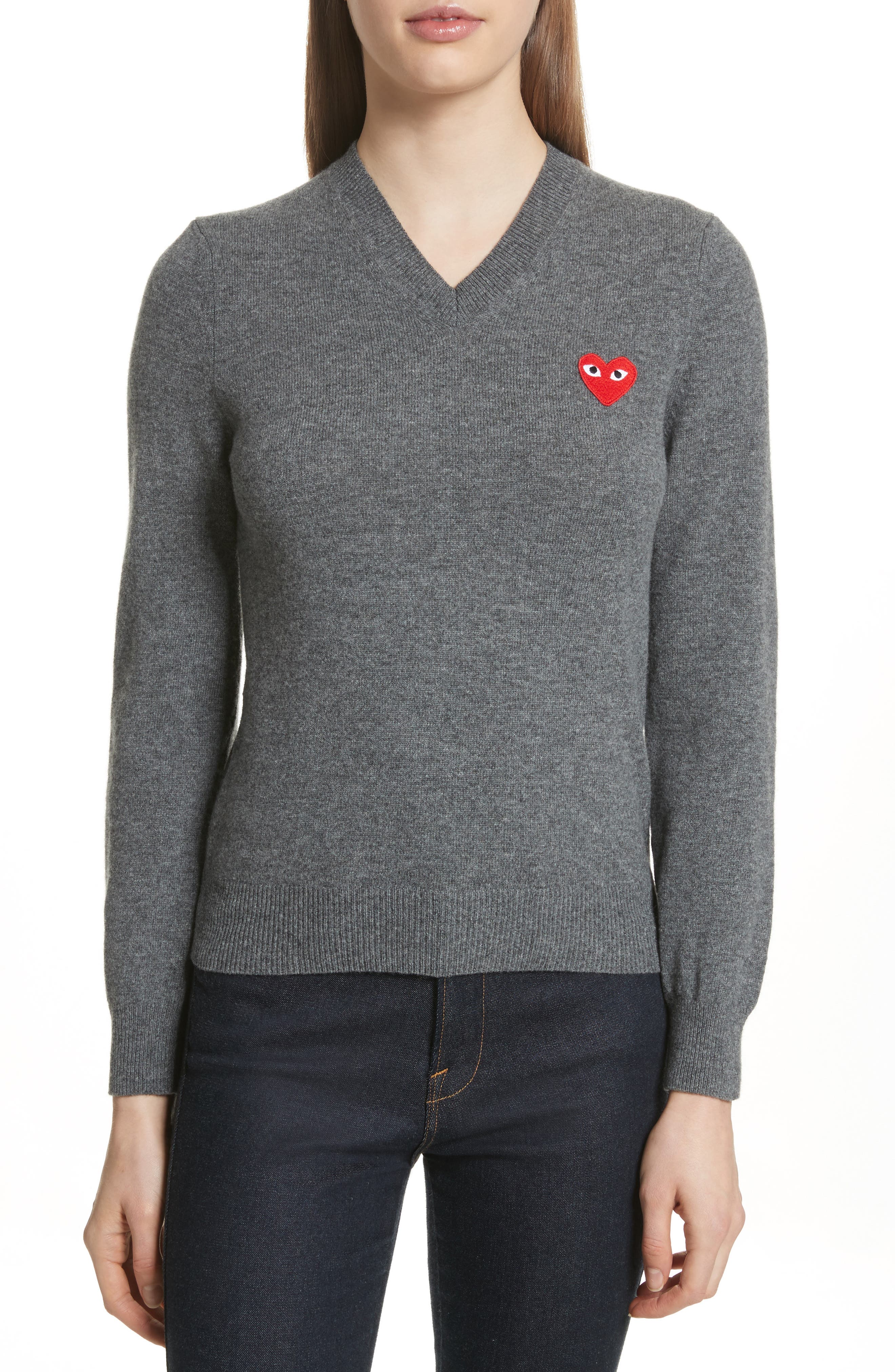Comme Des Garcons Play Wool V-Neck Sweater, Grey