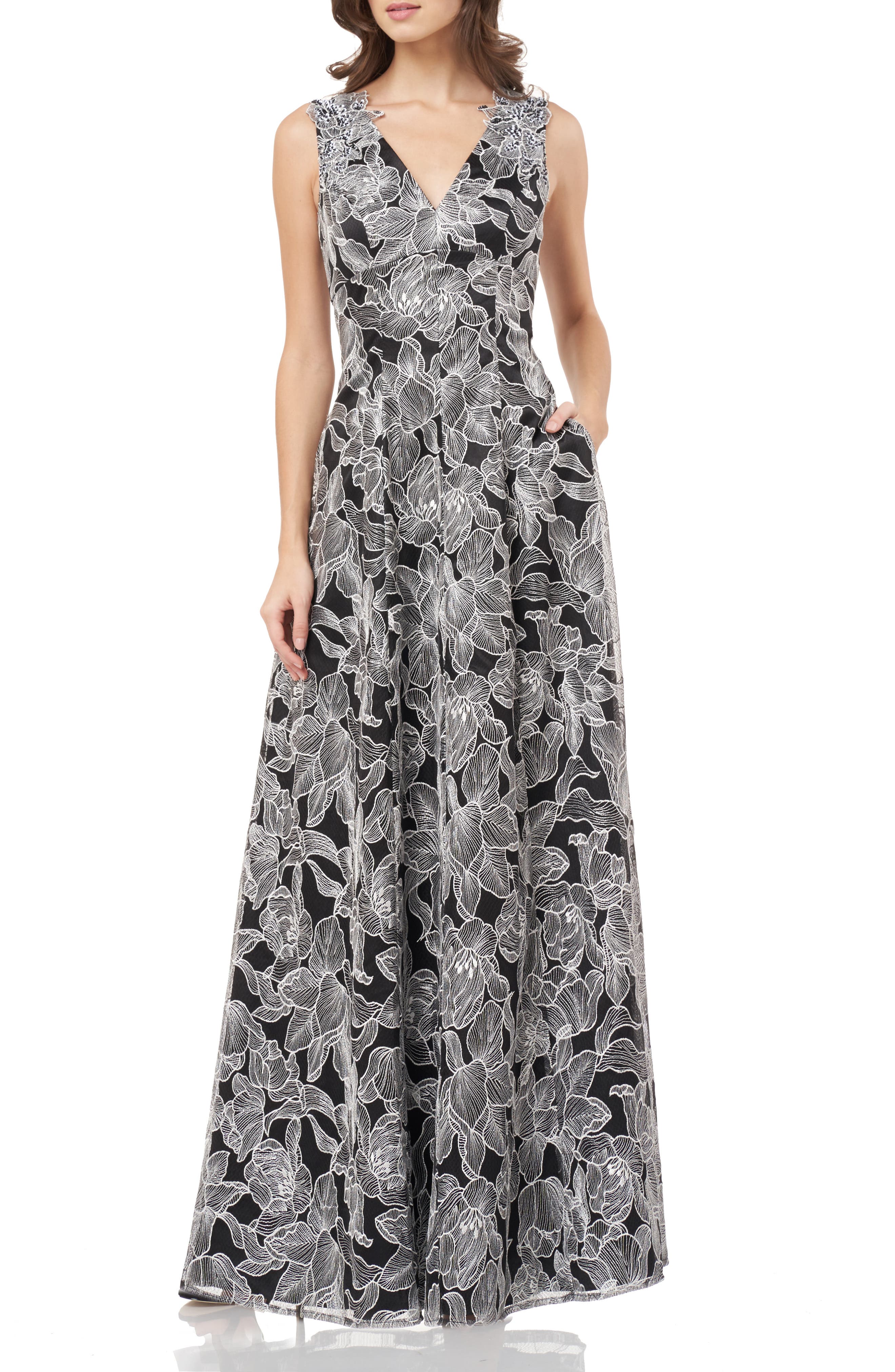Carmen Marc Valvo Infusion Threadwork V-Neck Evening Dress