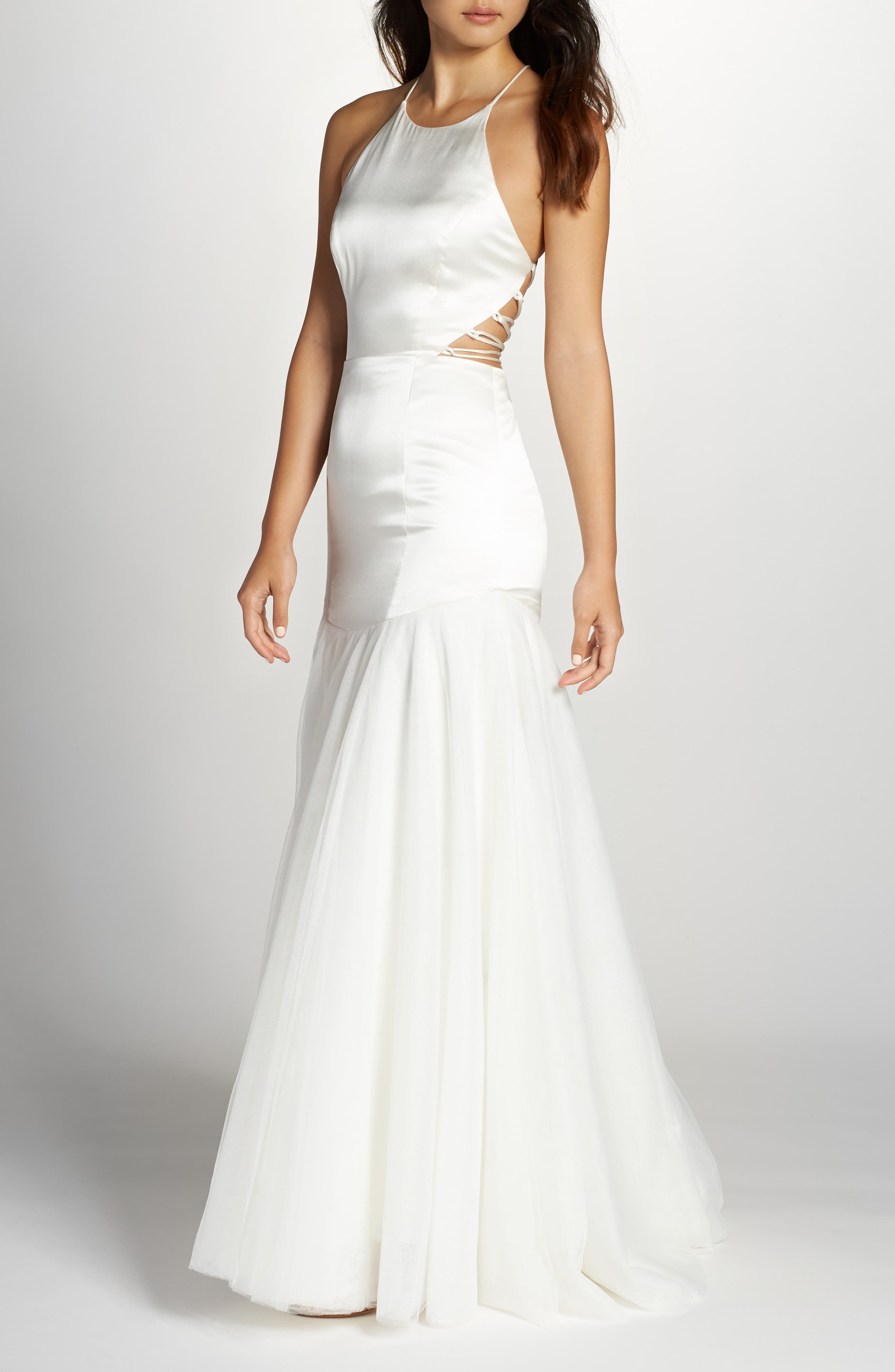 Fame & Partners Alexandrina Strappy Satin & Tulle Mermaid Gown, 8 (similar to 16W-18W) - White