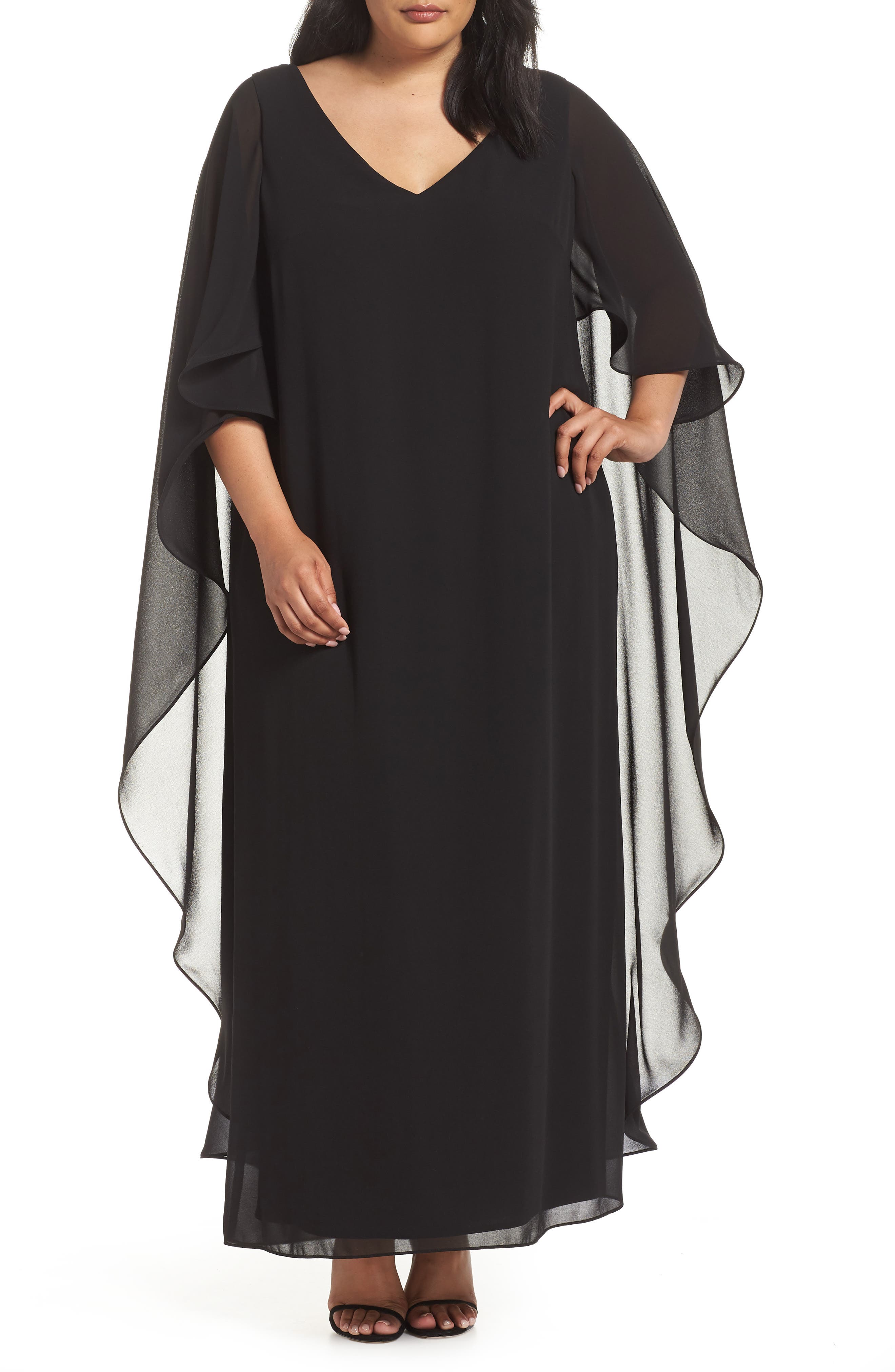 Plus Size Xscape Cape Overlay Chiffon Gown, Black