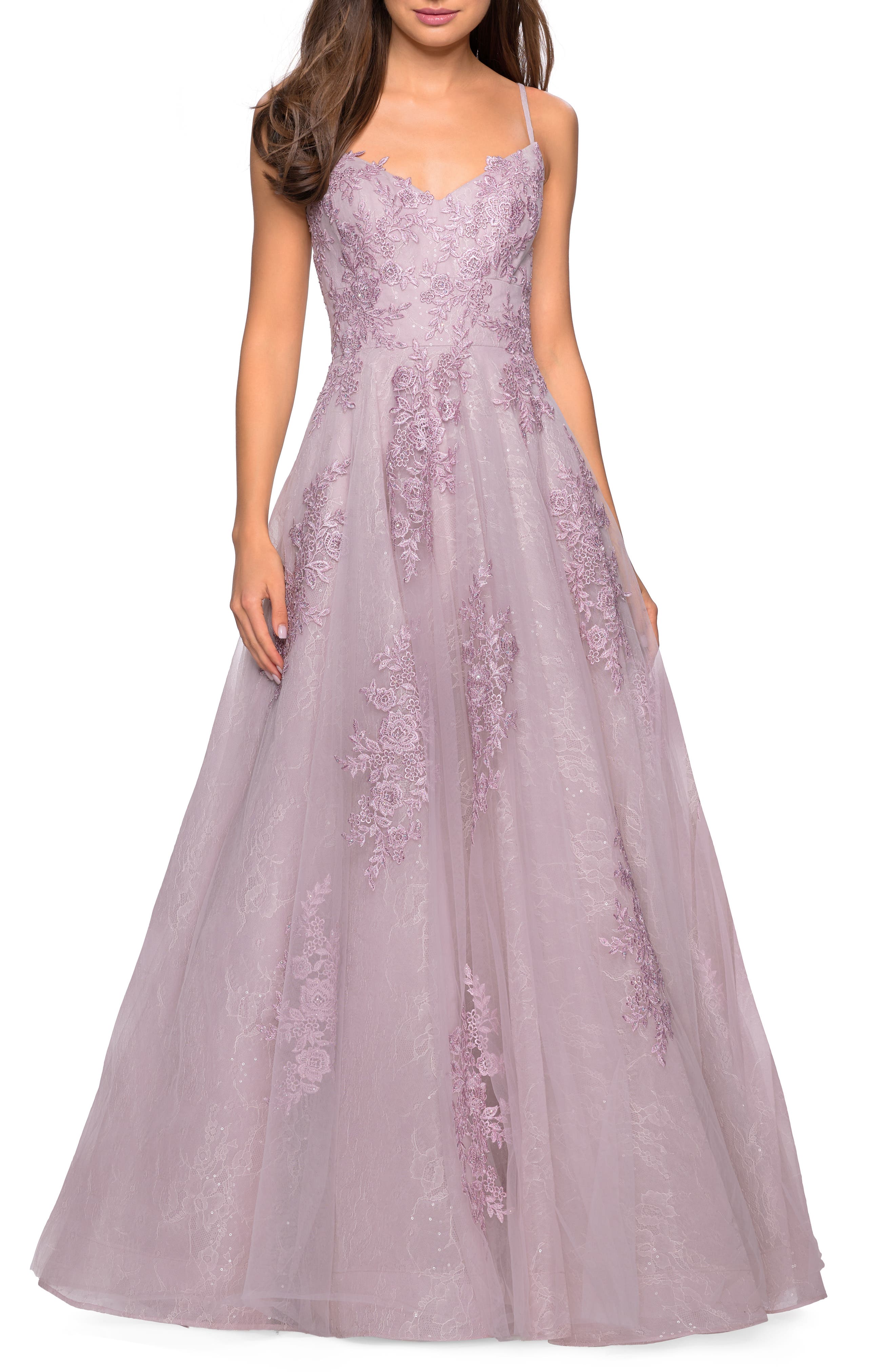 La Femme Lace A-Line Evening Dress, Pink
