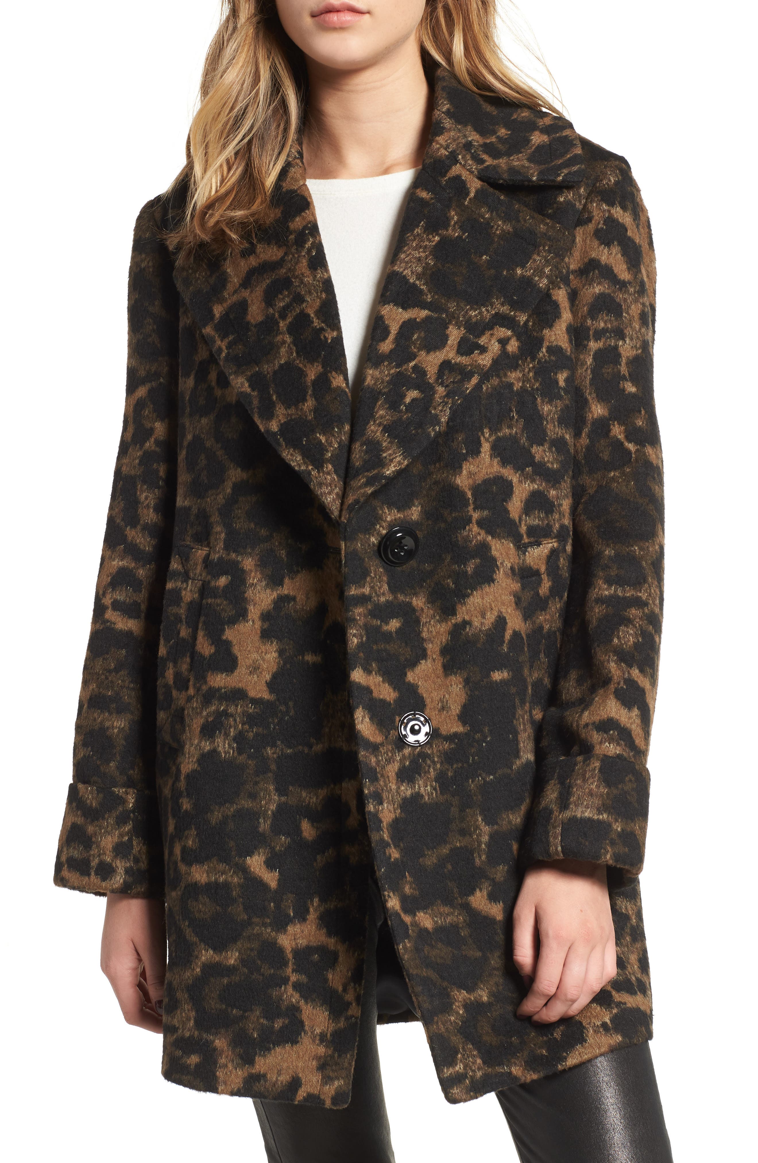 Kensie Leopard Print Wool Coat, Brown
