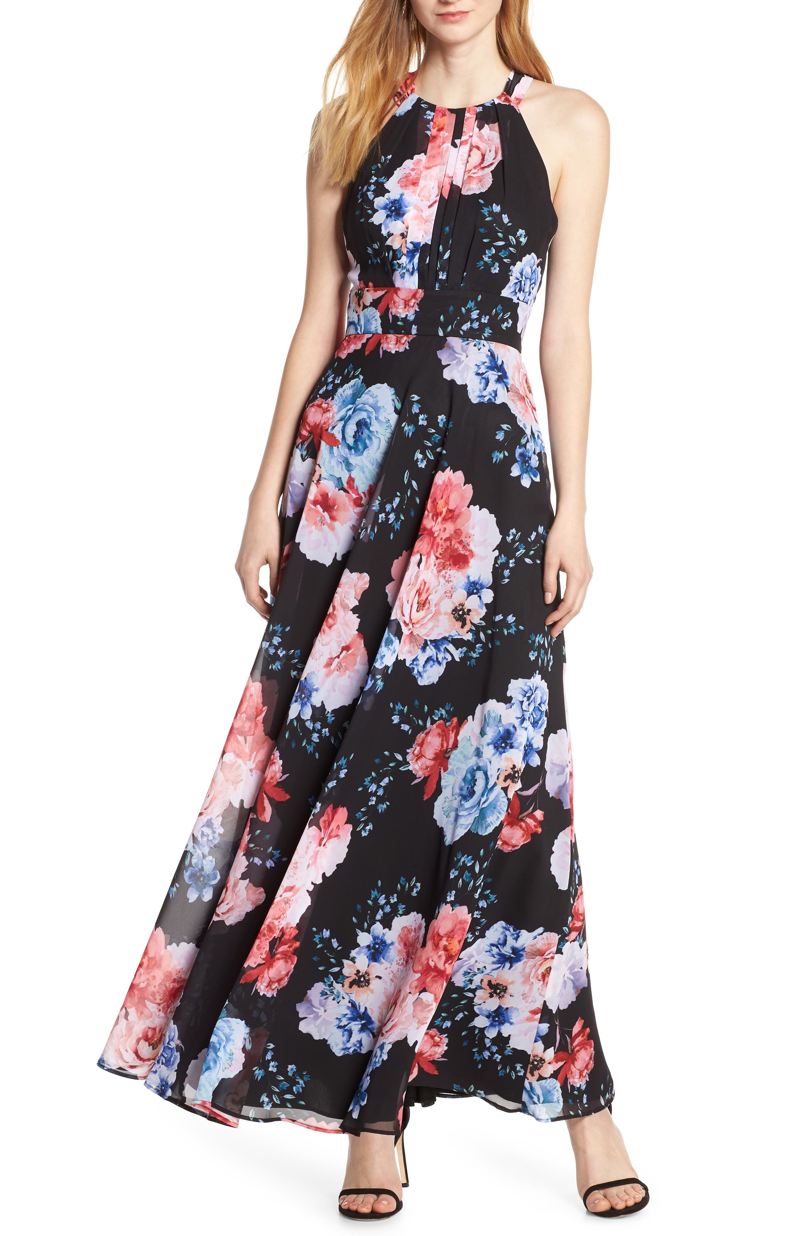 Morgan & Co. Print Pleat Bodice Chiffon Evening Dress, Black