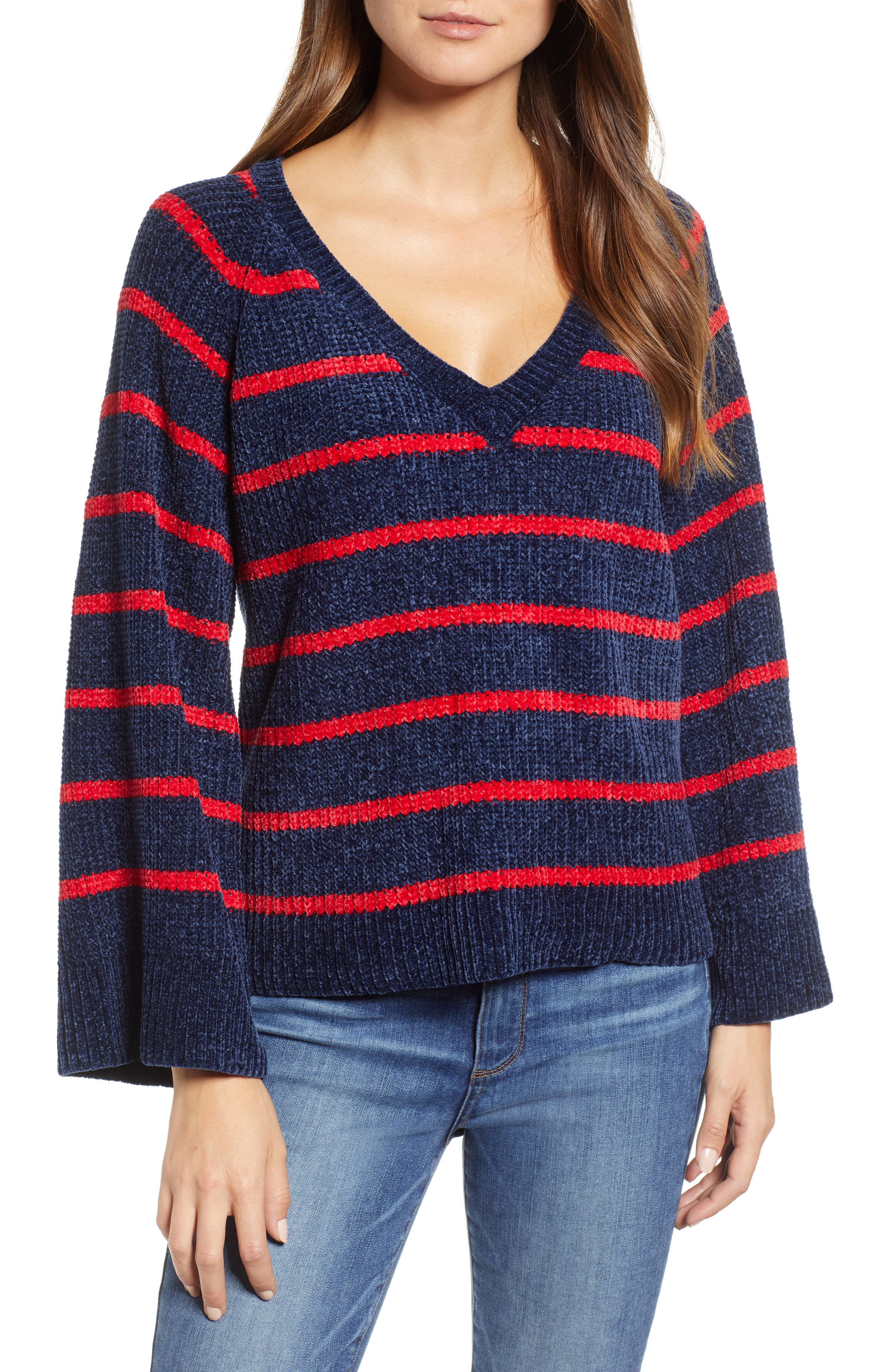 & .layered Stripe V-Neck Sweater, Blue