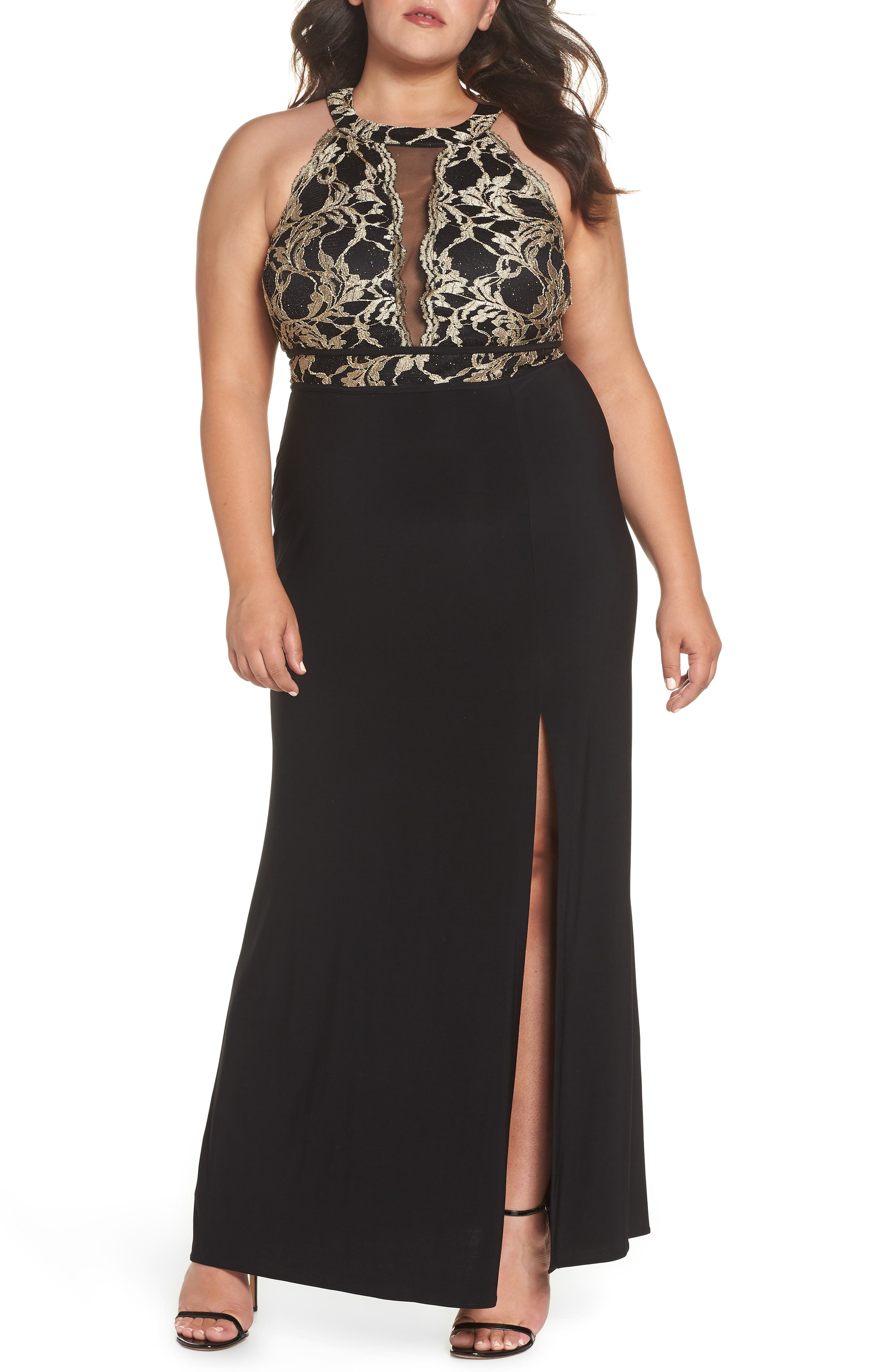 Plus Size Morgan & Co. Lace Bodice Knit Gown, /14 - Black