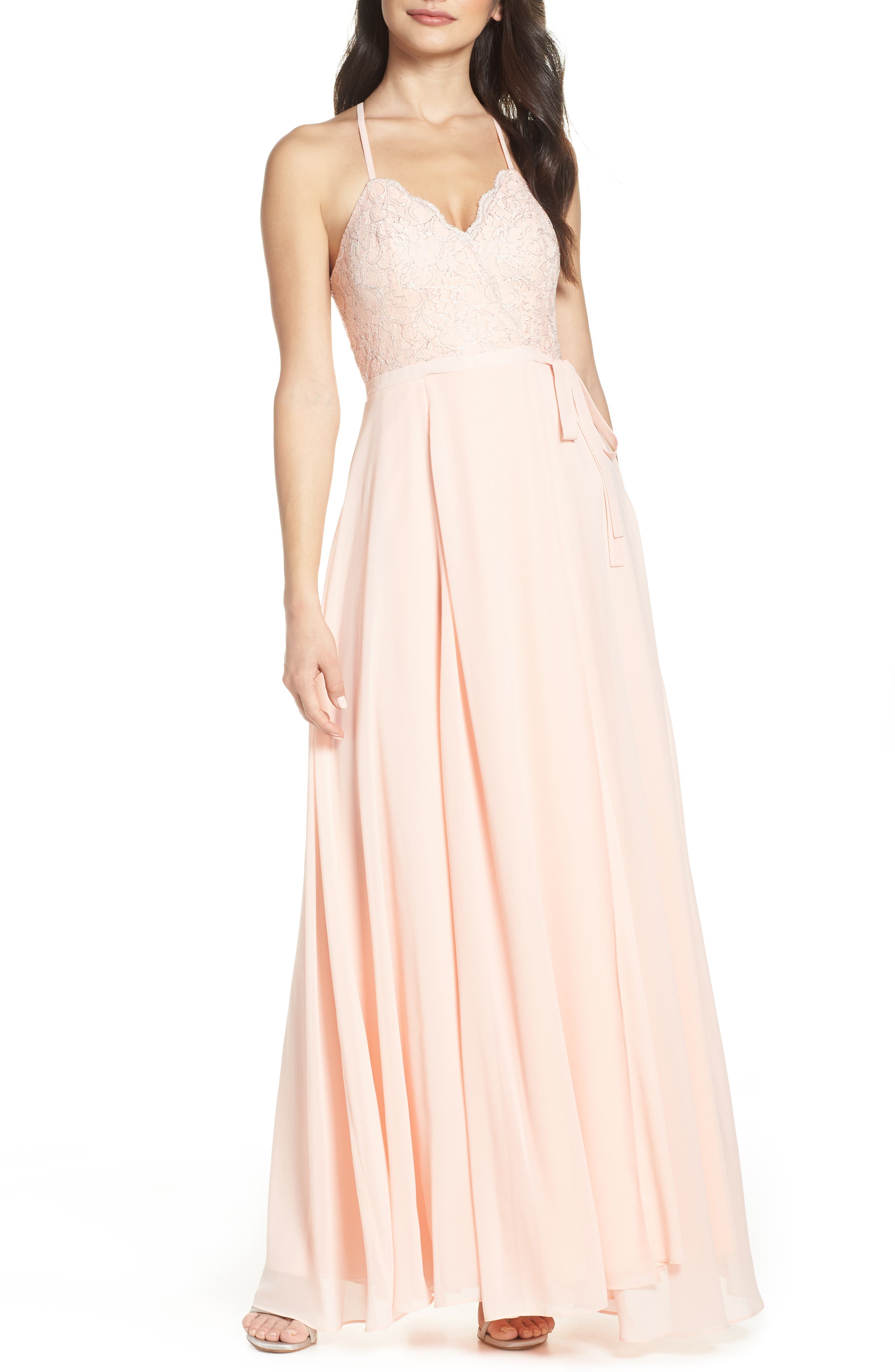 Sequin Hearts Lace & Georgette Wrap Evening Dress, Pink