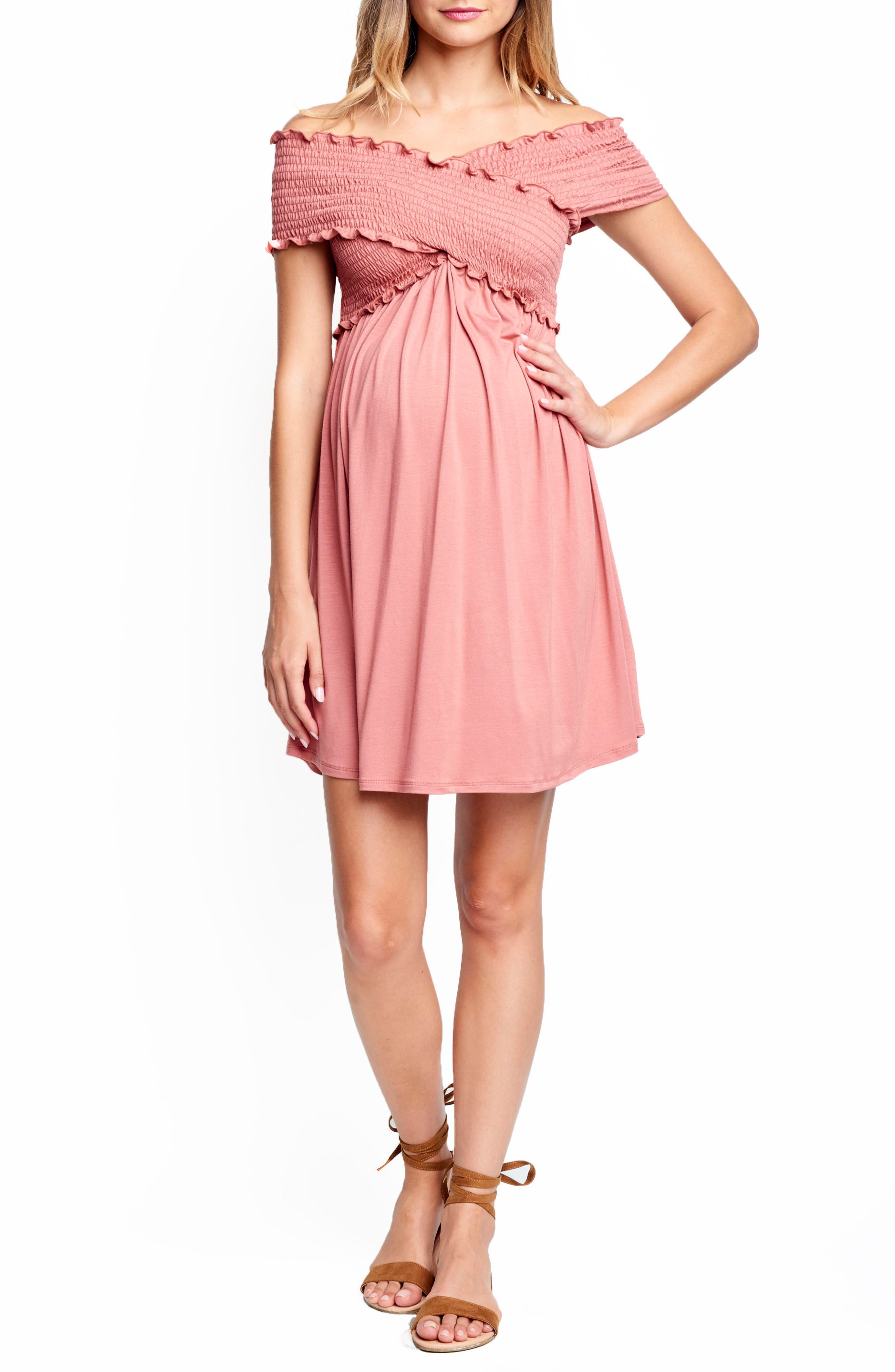 Maternal America Off The Shoulder Ribbed Maternity Dress, Coral