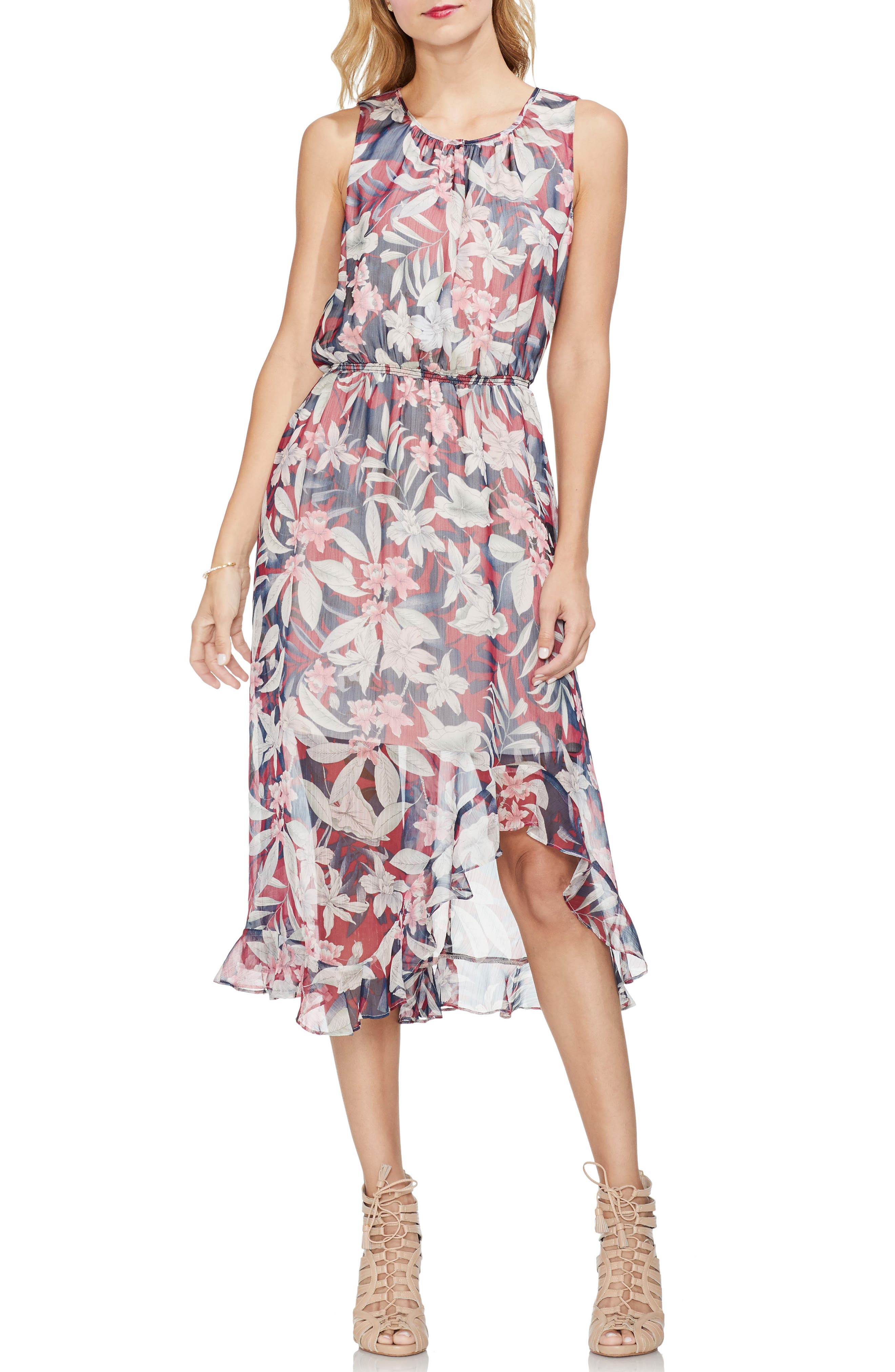 Vince Camuto Cinch Waist Tropescape Dress, Red