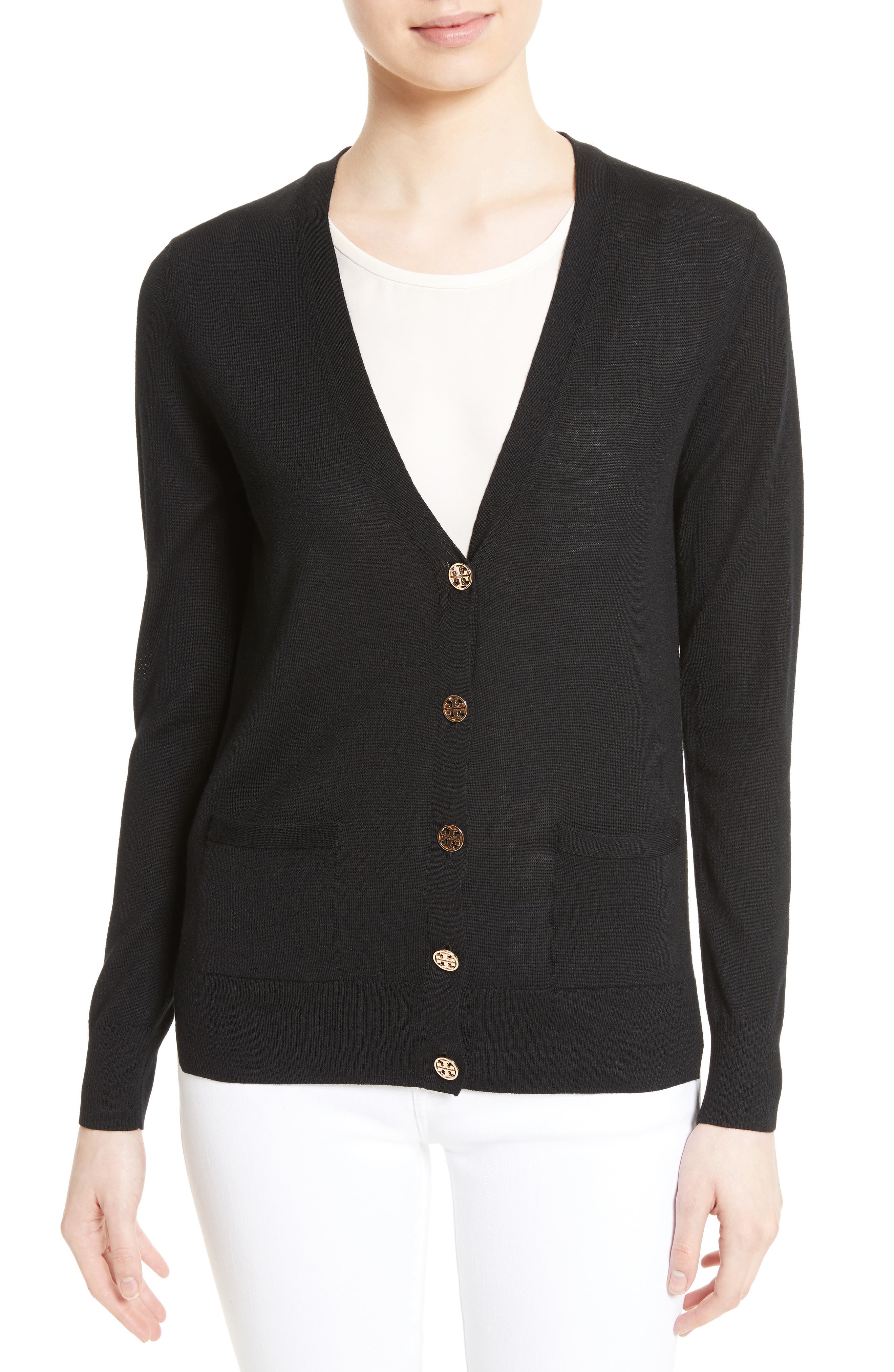 Tory Burch Madeline Merino Wool Cardigan, Black