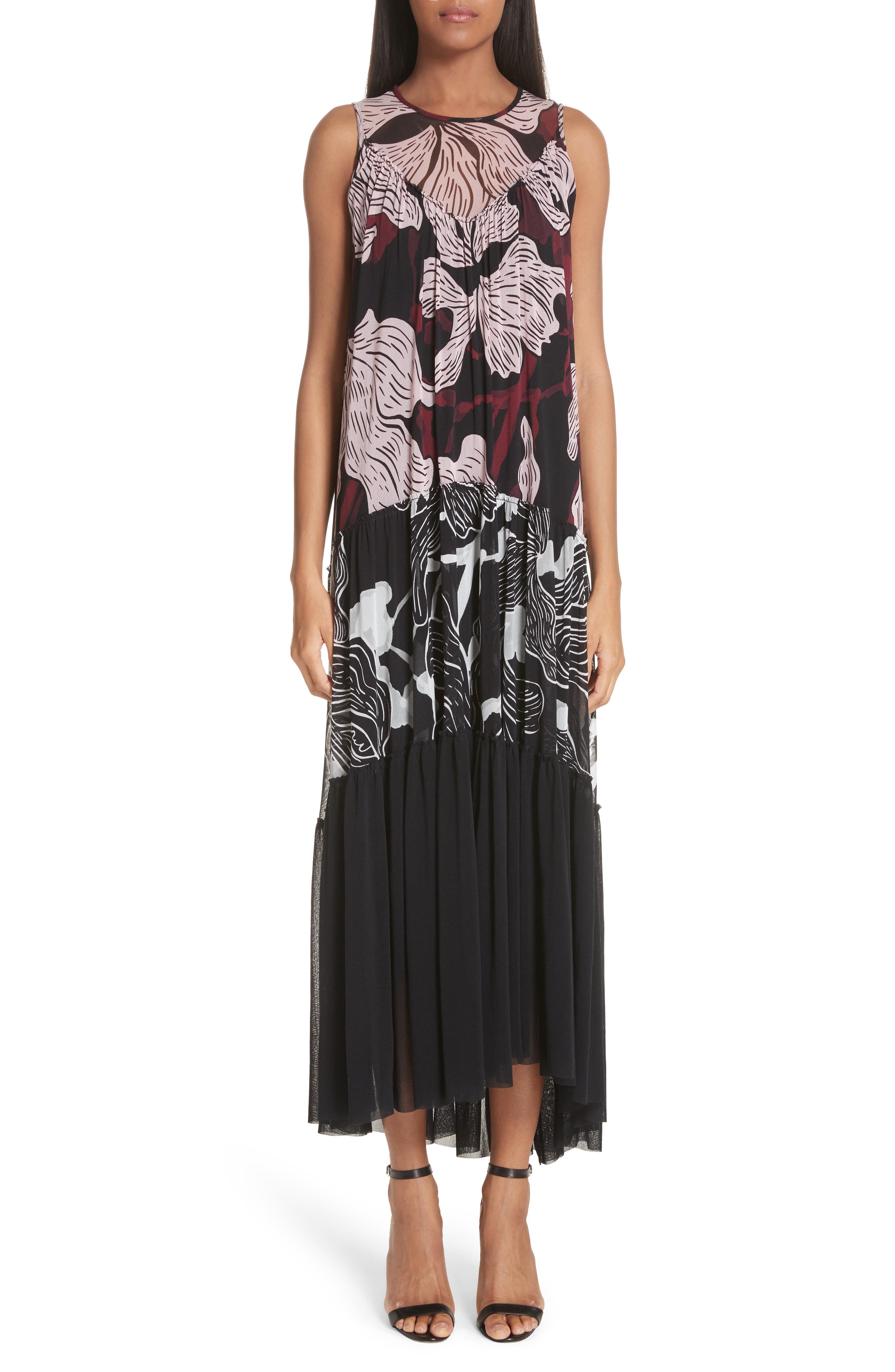 Fuzzi Mixed Deco Flower Print Tulle Maxi Dress, Burgundy