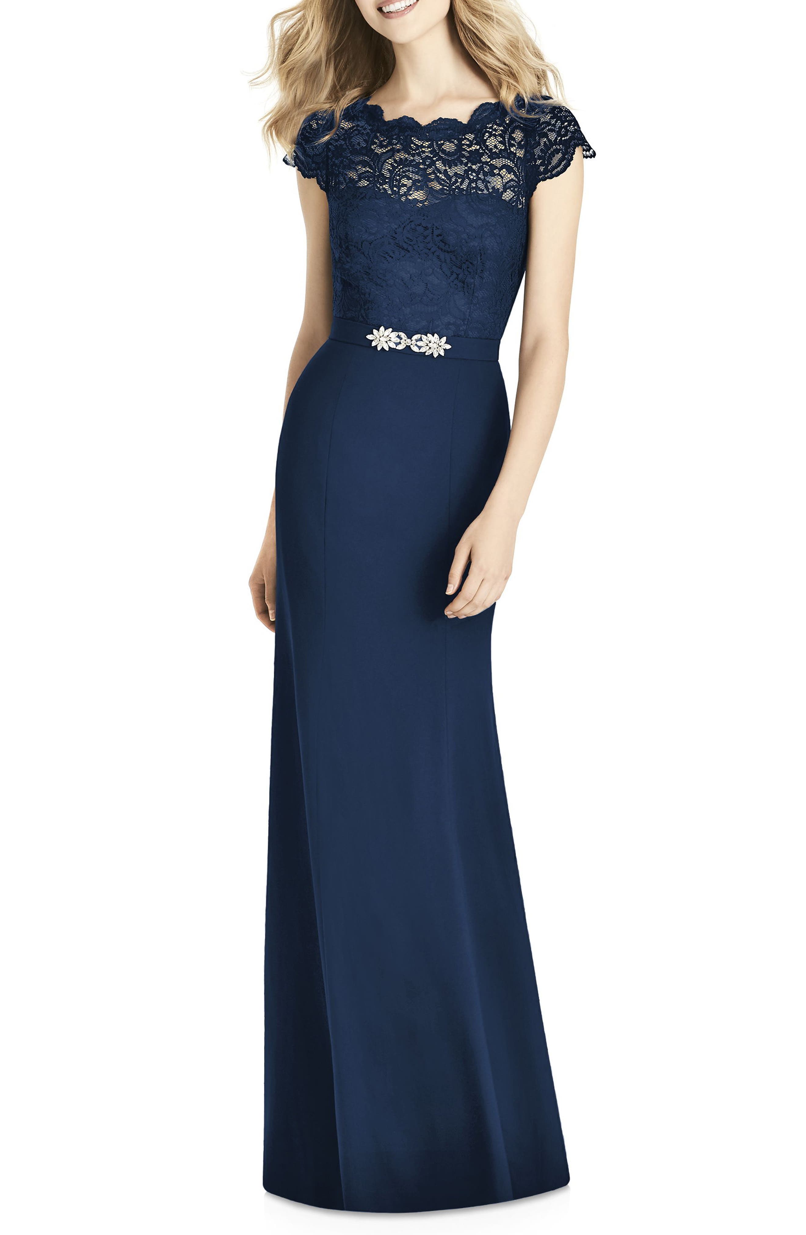 Jenny Packham Lace & Crepe Sheath Gown, Blue