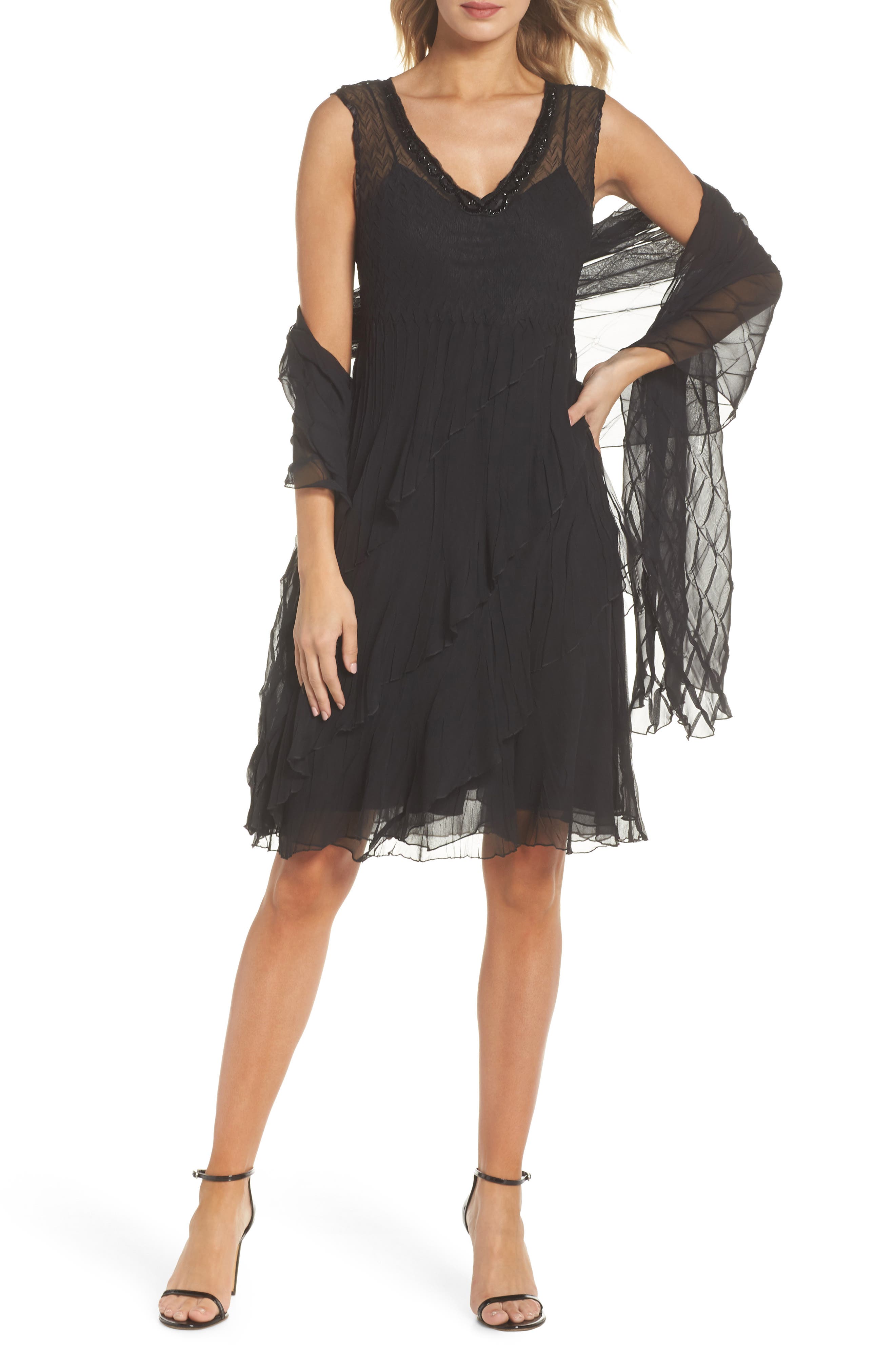 Komarov Bead Trim Chiffon Dress With Wrap, Black