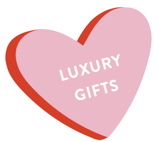 A candy heart graphic: luxury gifts for Valentine's Day.