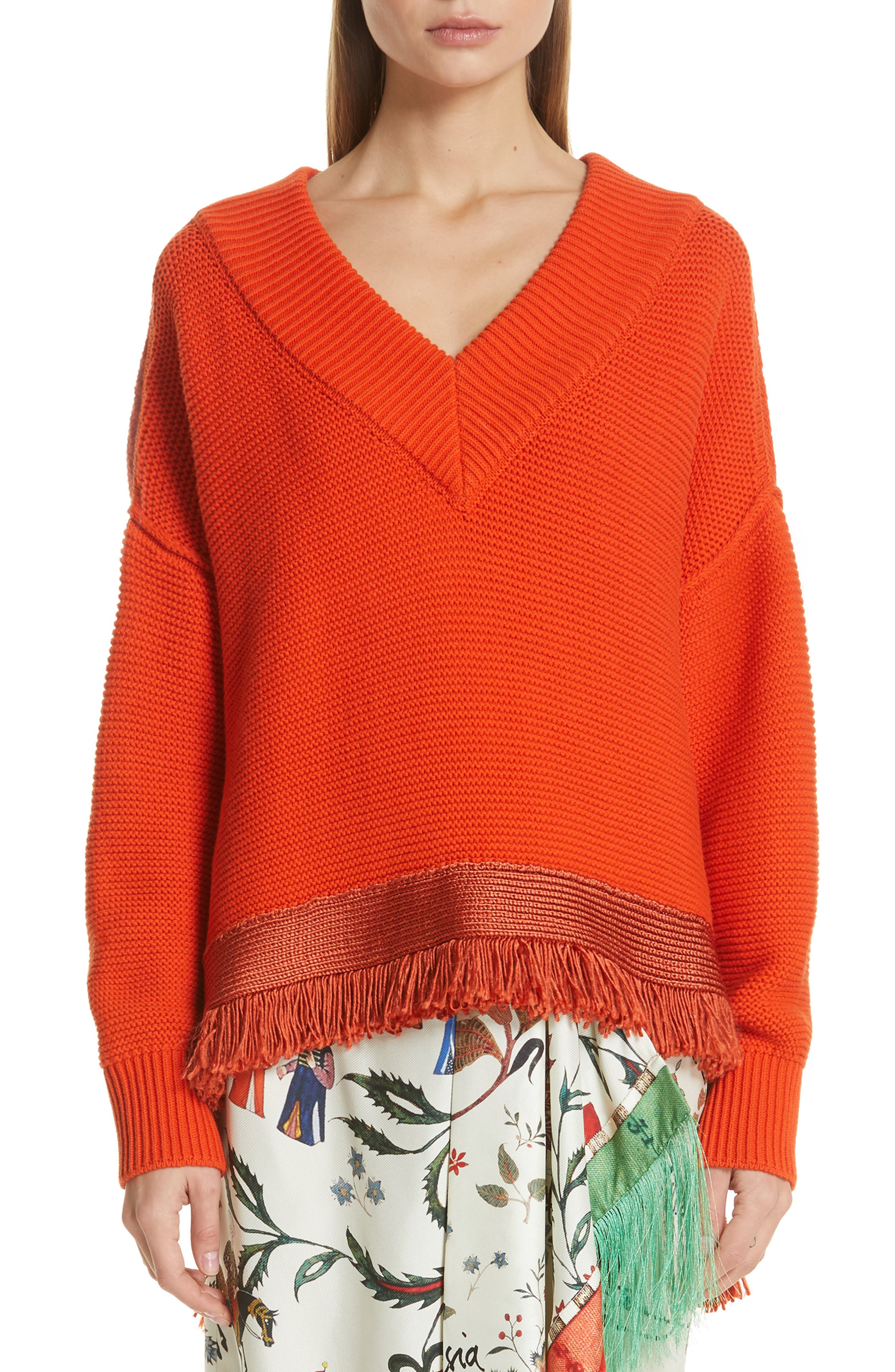 Fringe Hem Cotton & Silk Sweater, Main, color, PAPRIKA