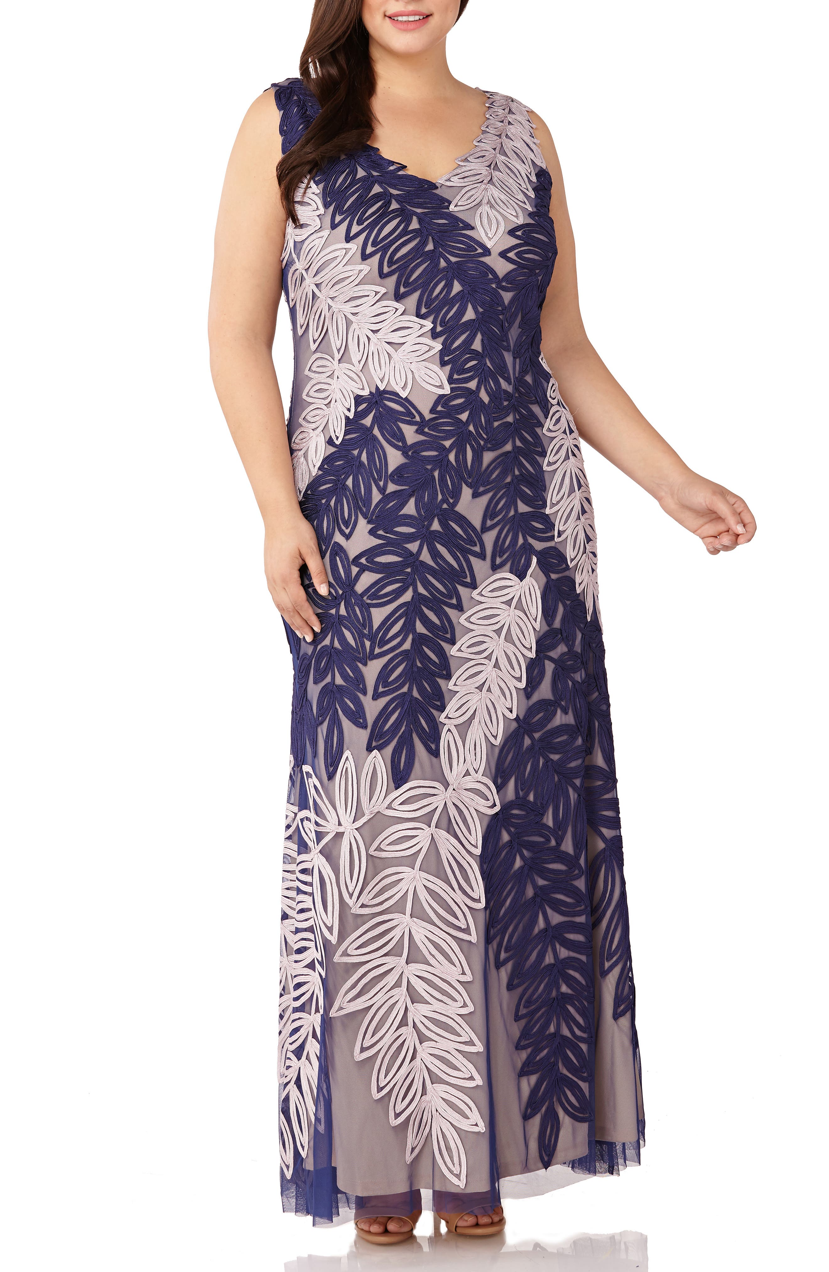Plus Size Js Collections Two-Tone Embroidered Leaf Gown, Blue