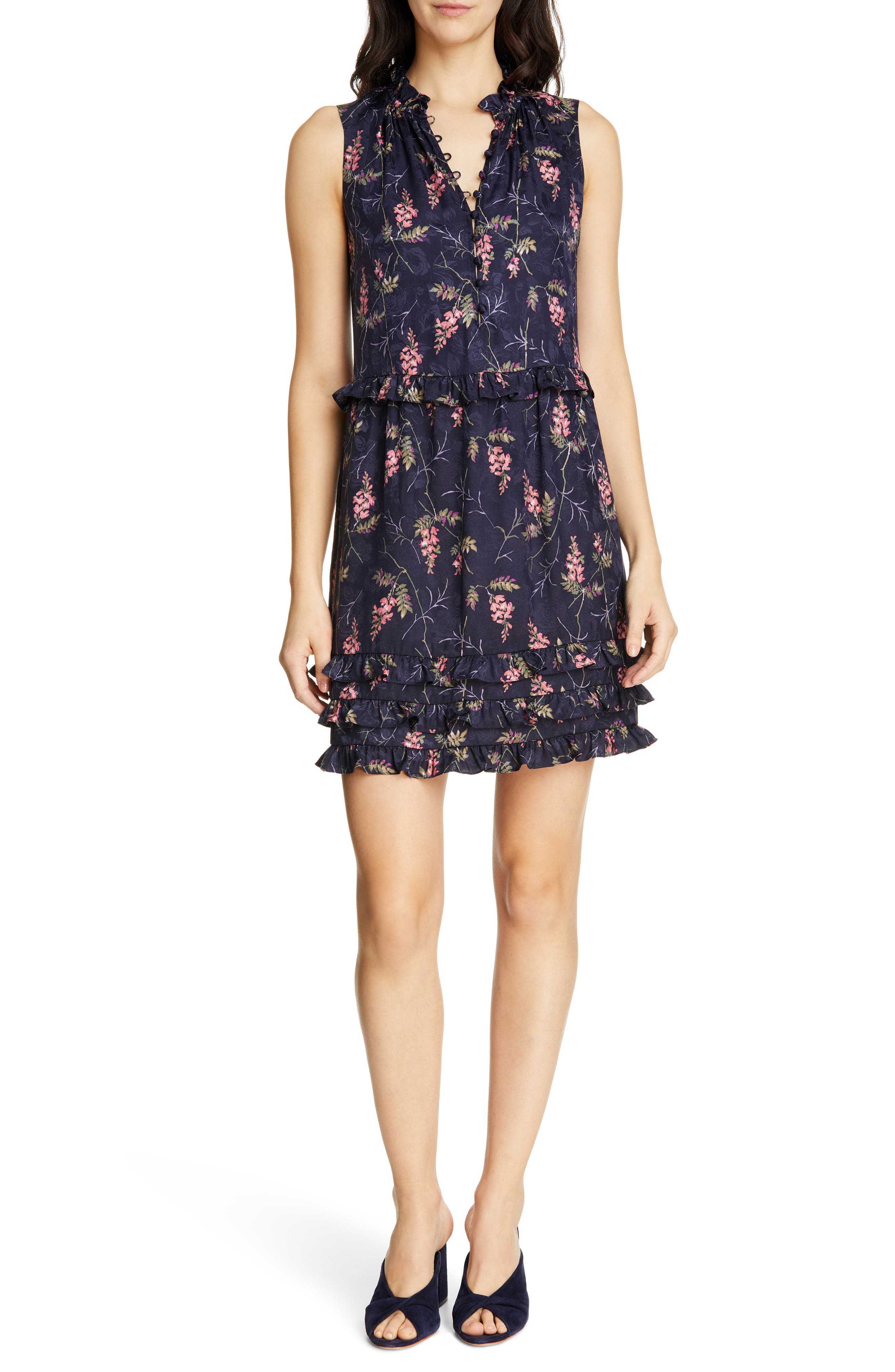 Rebecca Taylor Ivie Floral Ruffle Silk Blend Dress, Blue