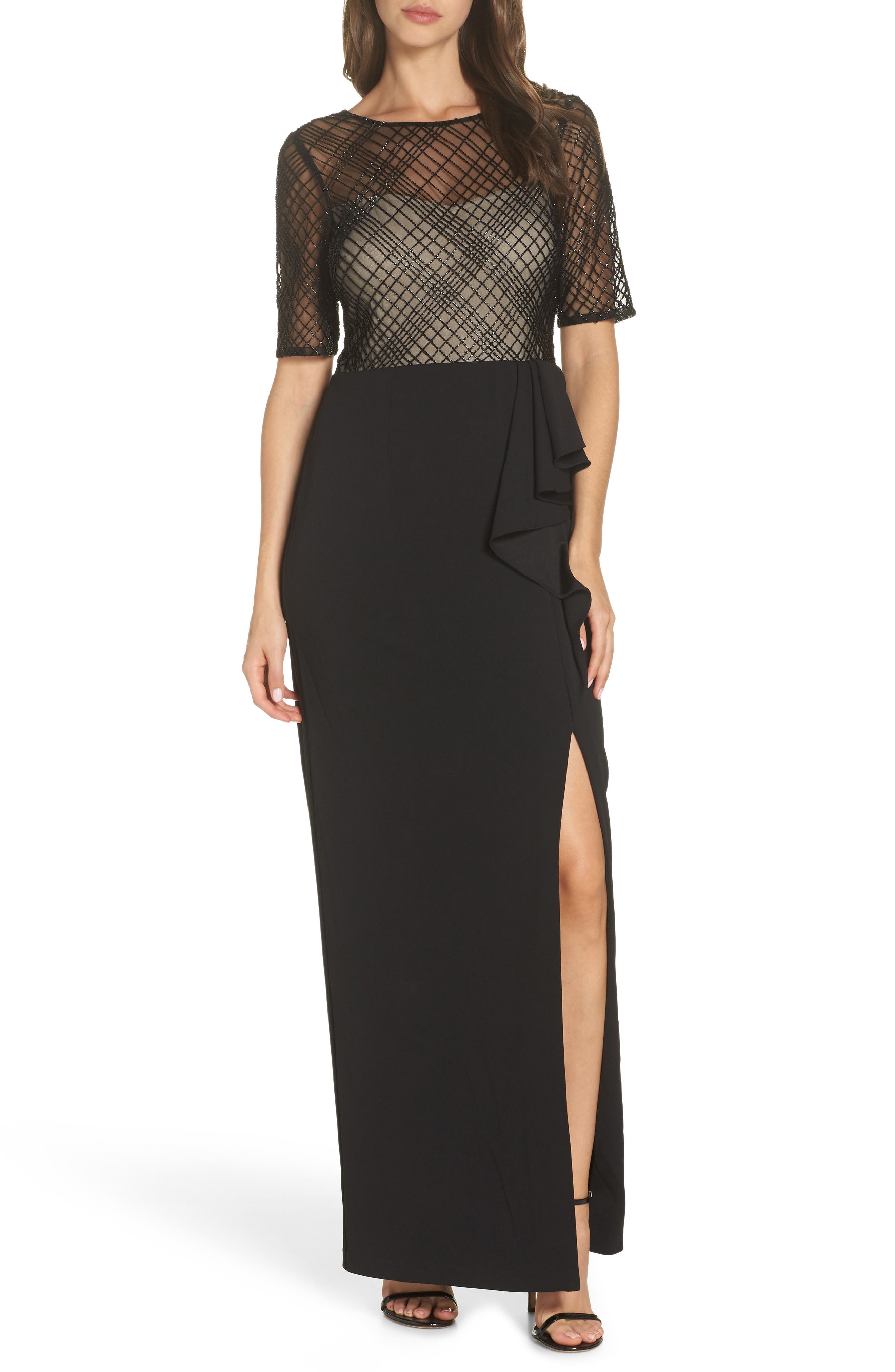 Adrianna Papell Plaid Bead Bodice Gown, Black