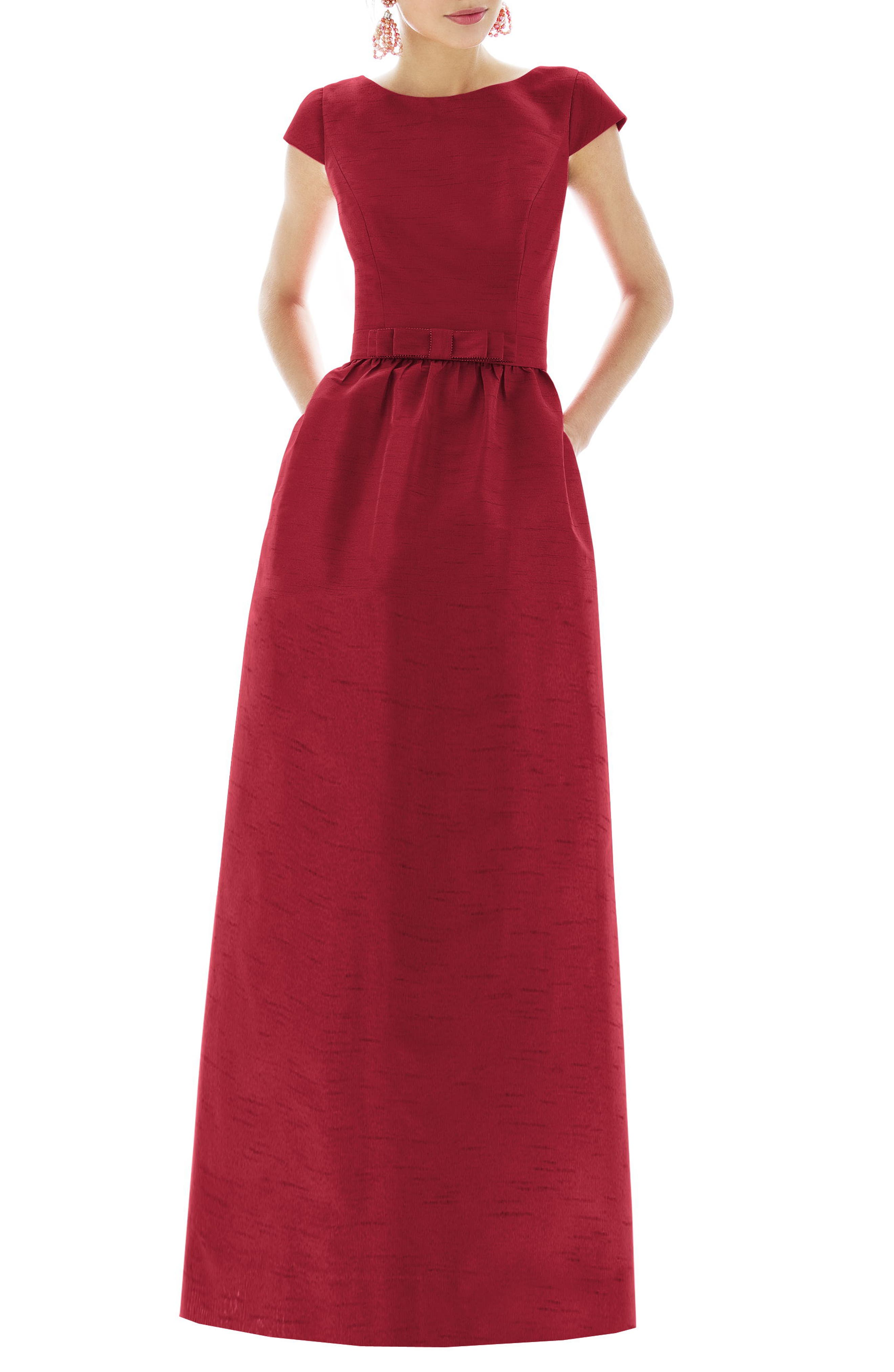 Alfred Sung Cap Sleeve Dupioni Full Length Dress, Red