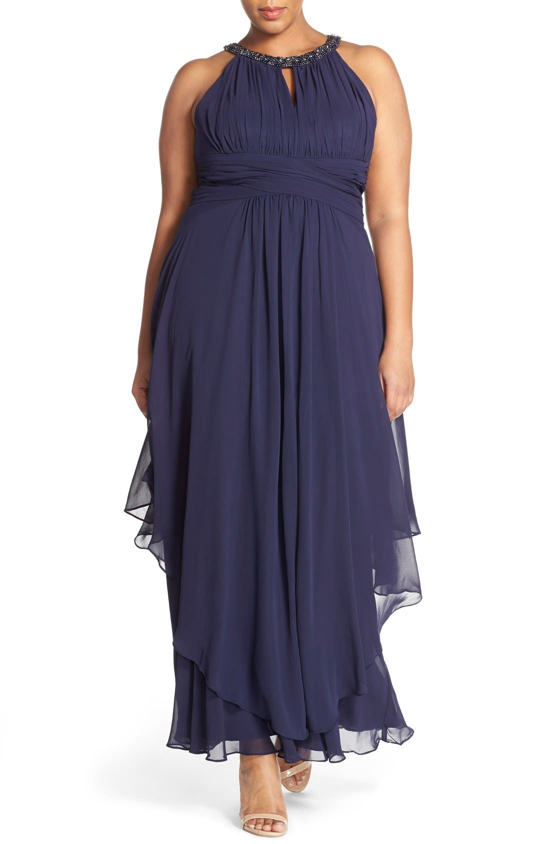 Eliza J Embellished Keyhole Neck Chiffon Gown (Plus Size) | Nordstrom