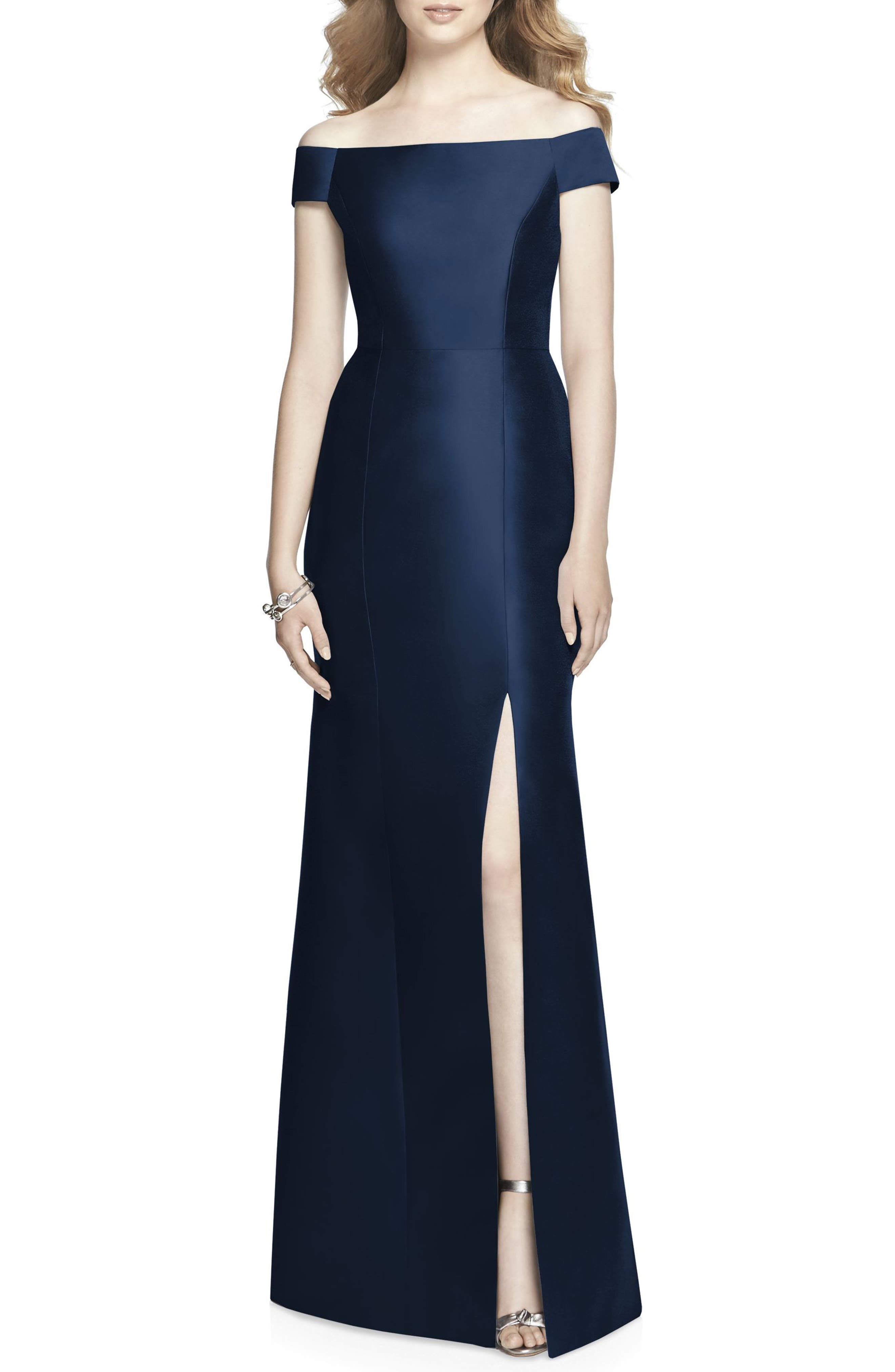 Alfred Sung Off The Shoulder Sateen Gown, Blue