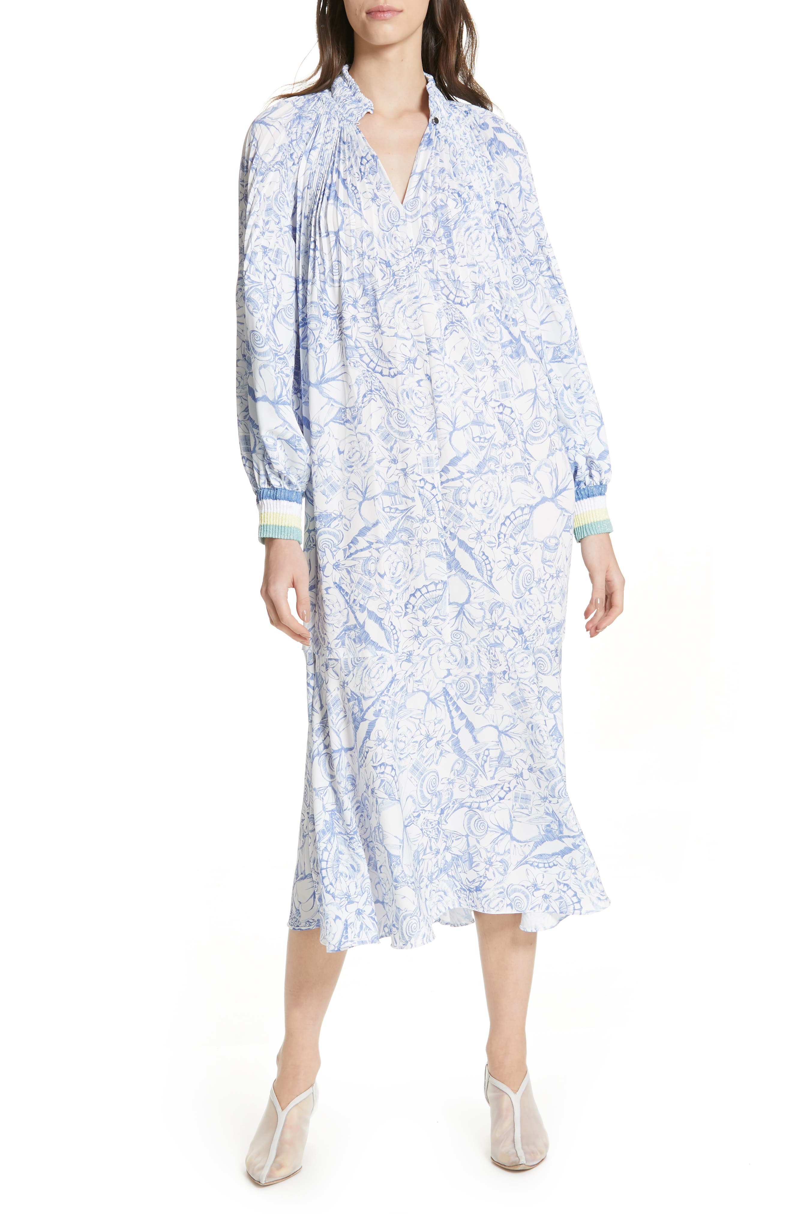 Tibi Isa Toile Print Ribbed Cuff Midi Dress, White