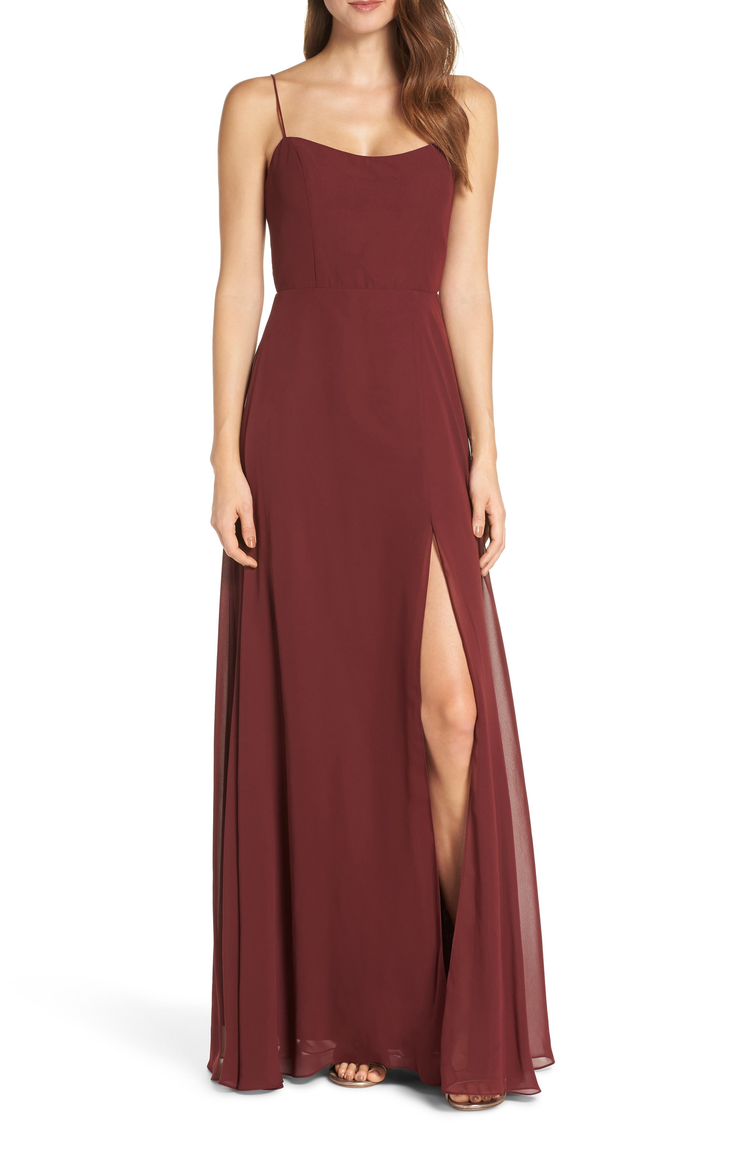 Jenny Yoo Kiara Bow Back Chiffon Evening Dress, Red