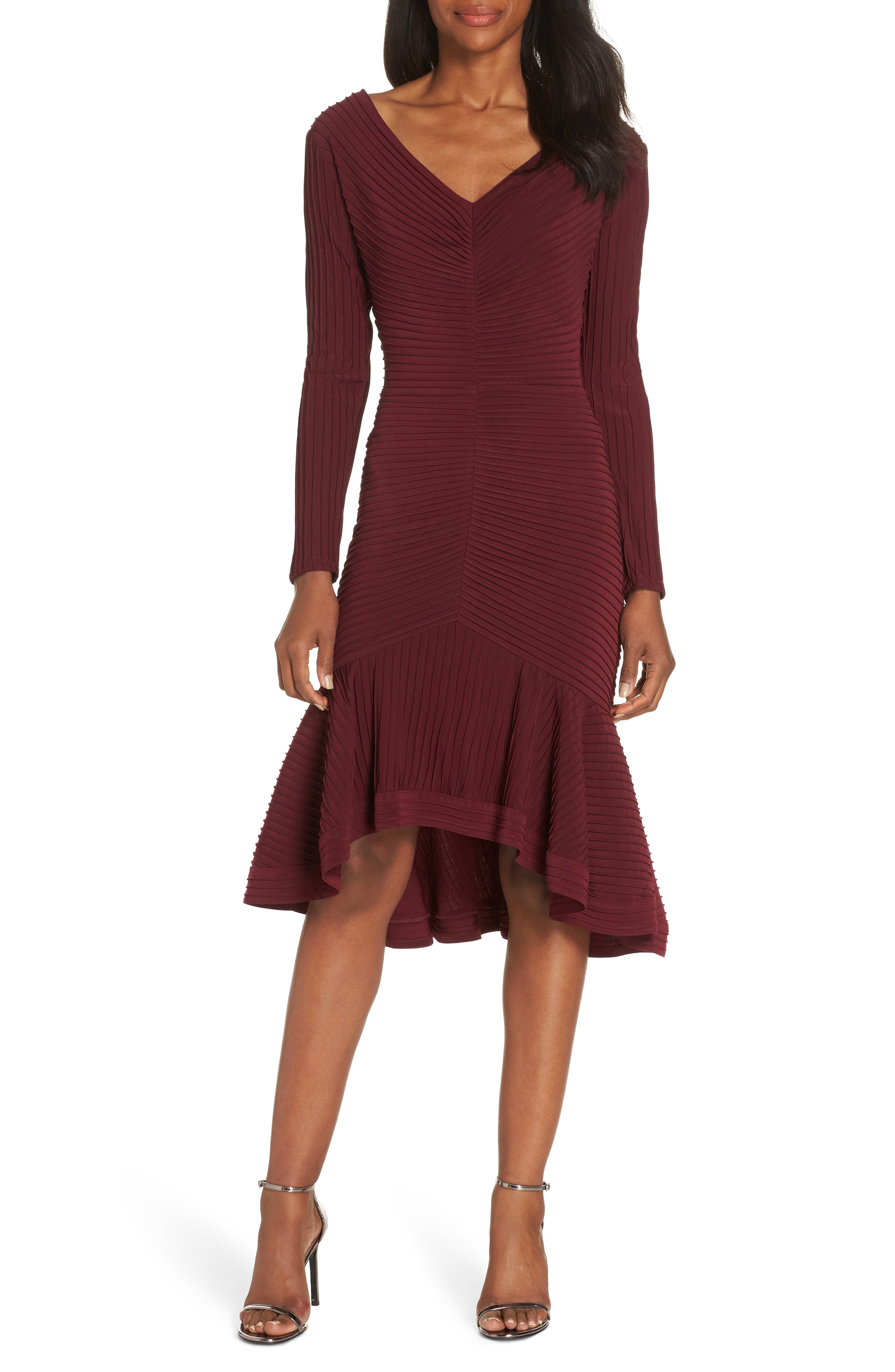 Tadashi Shoji Pintuck High/low Midi Dress, Burgundy