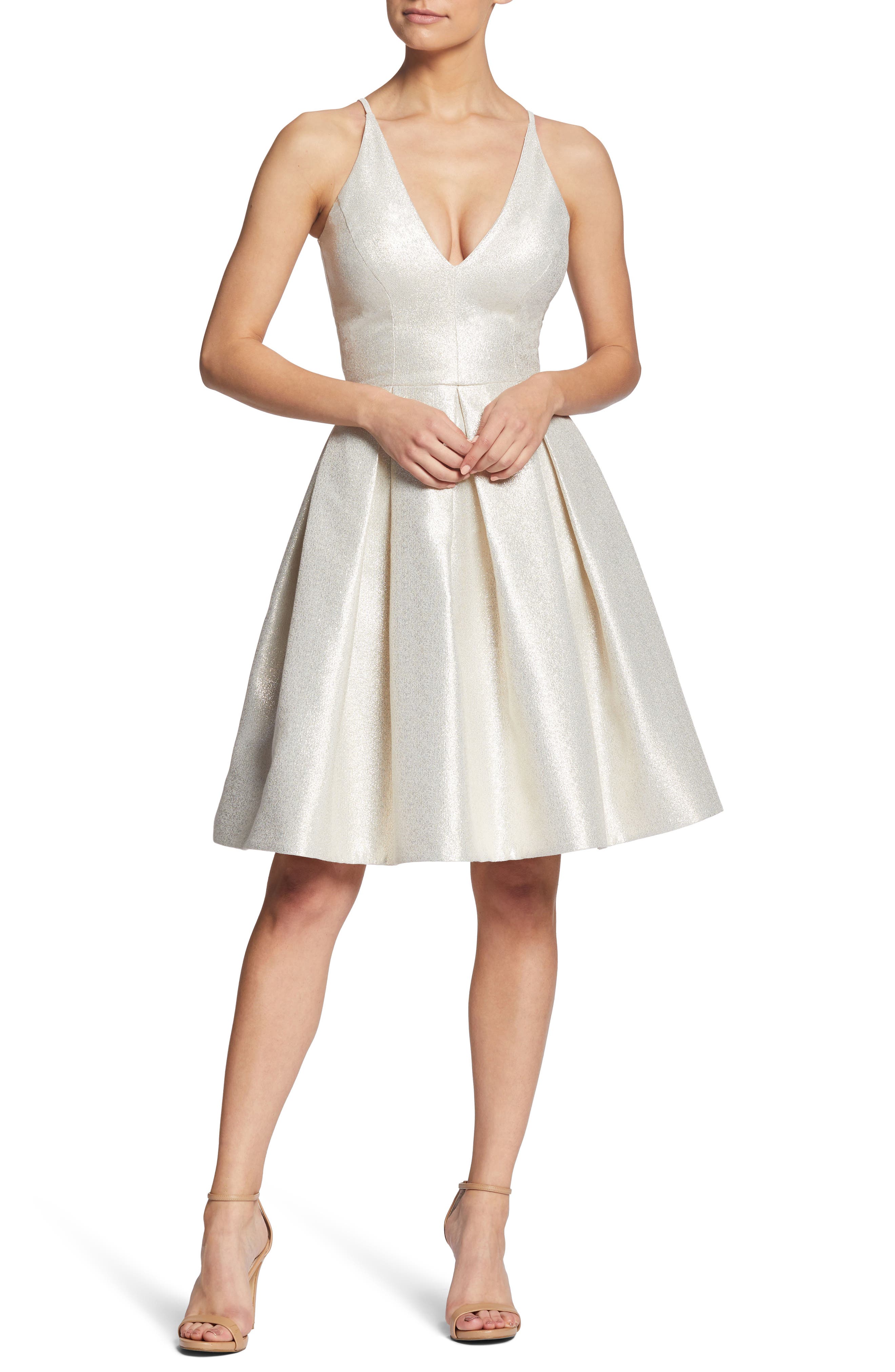 Dress The Population Collette Plunge Neck Fit & Flare Dress, Ivory