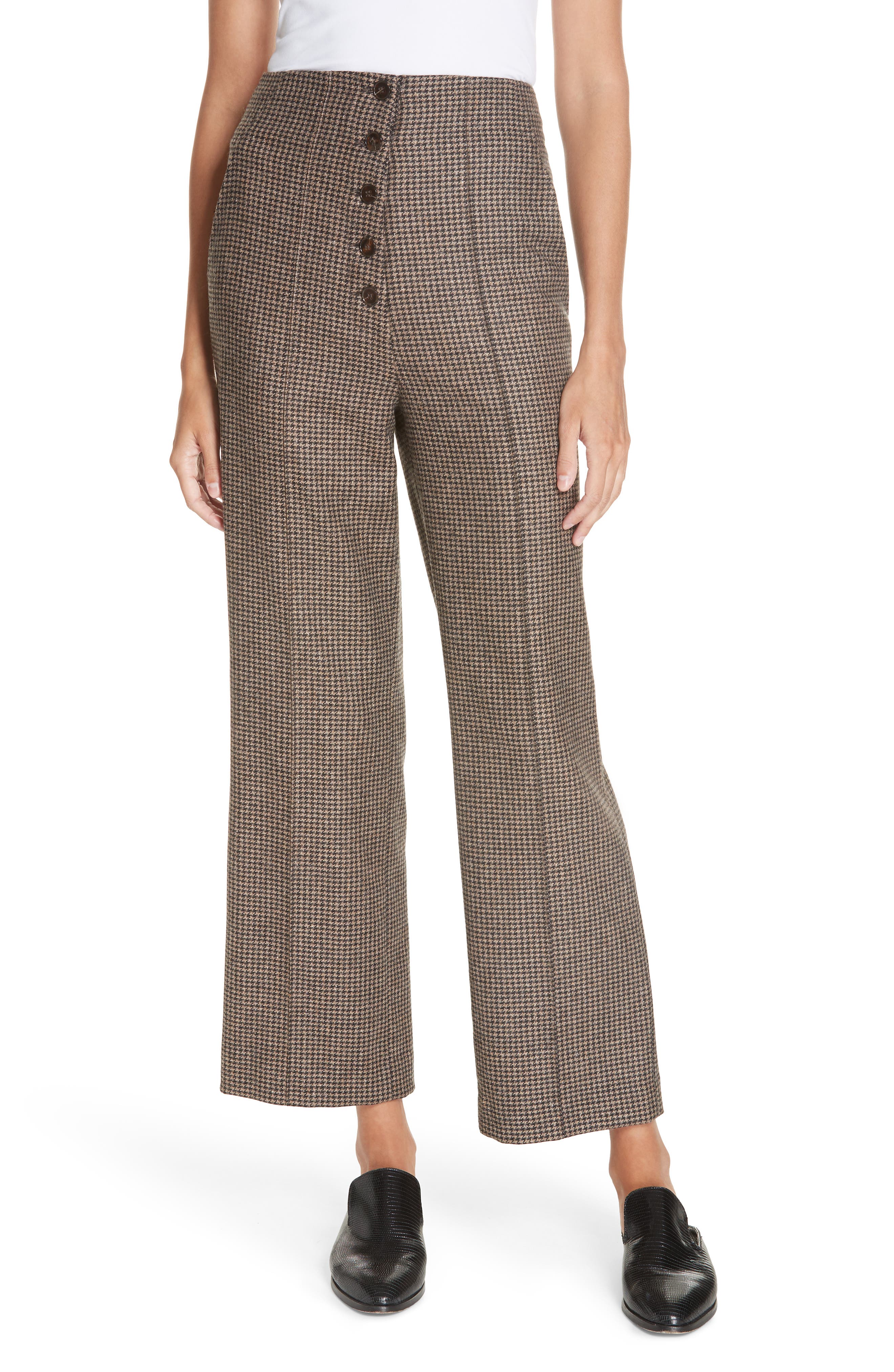 Nanushka Kos Houndstooth Button Fly Crop Flare Pants, Brown