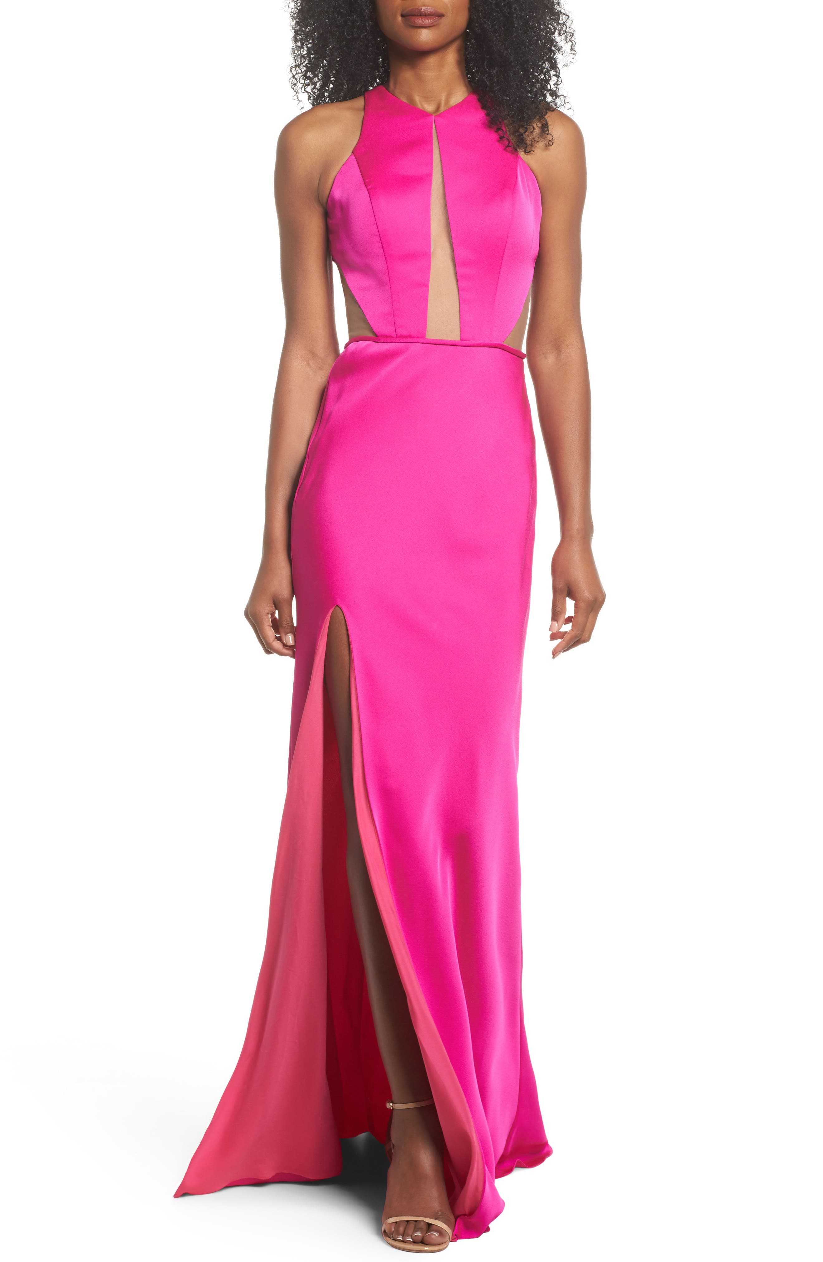 La Femme Cutout Detail Satin Gown, Pink