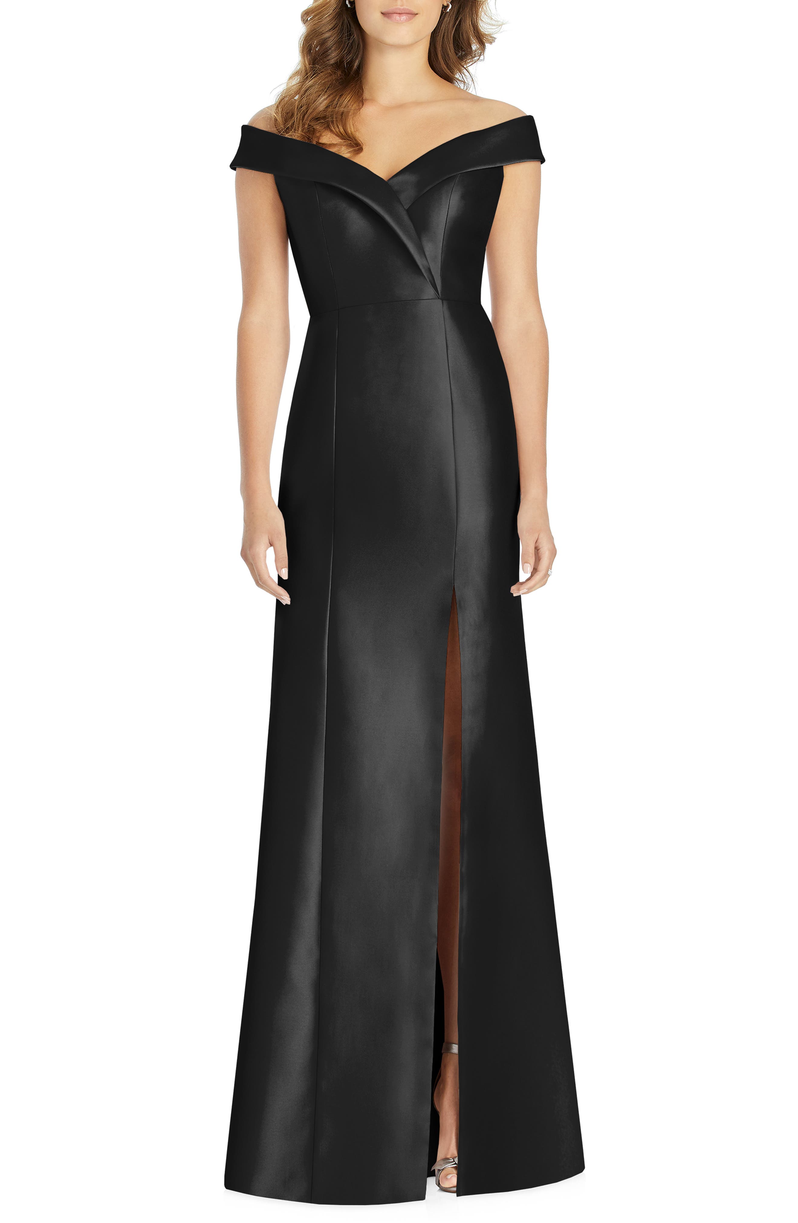 Alfred Sung Portrait Collar Satin Gown